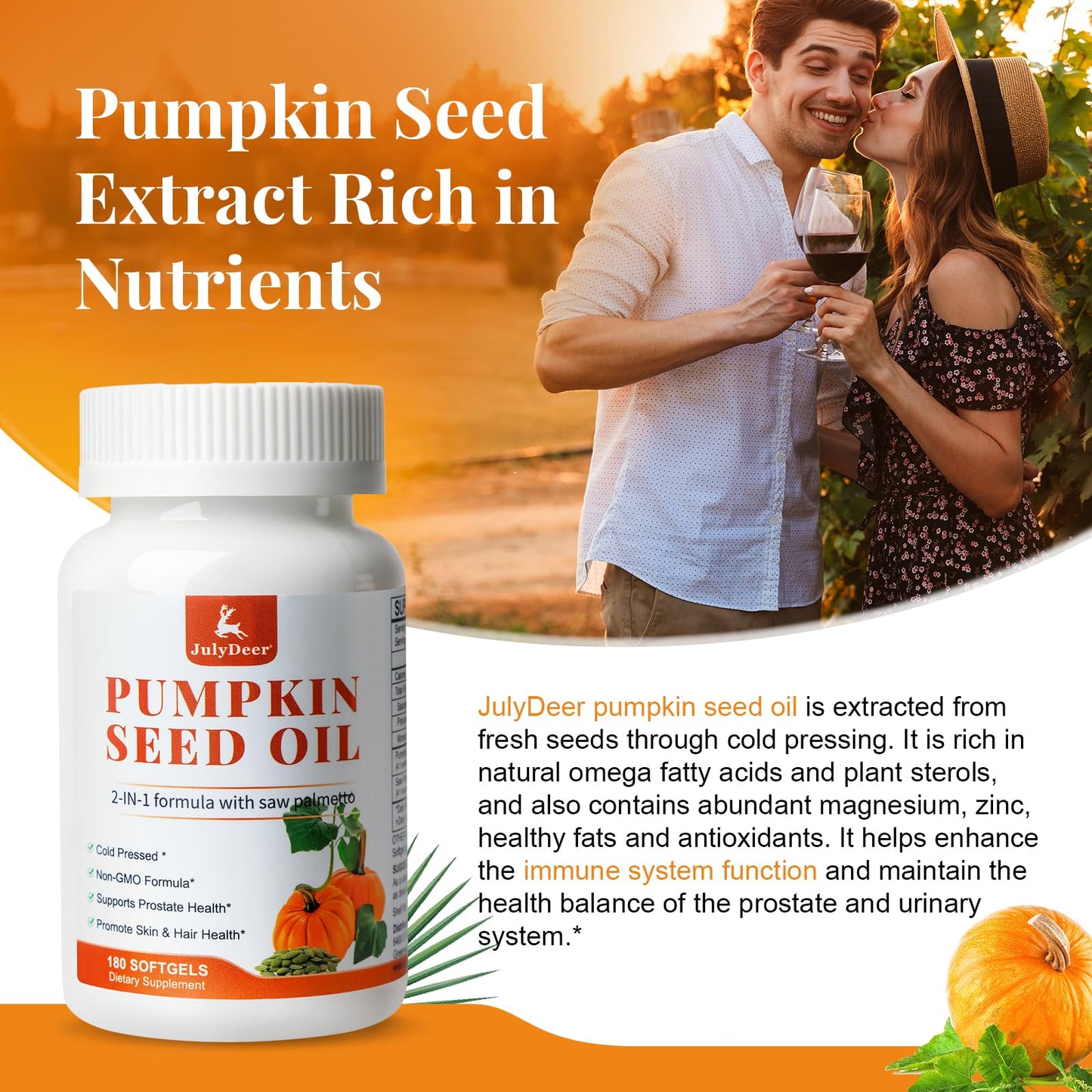 JulyDeer Pumpkin Seed Oil with Saw Palmetto Softgels 180 Count