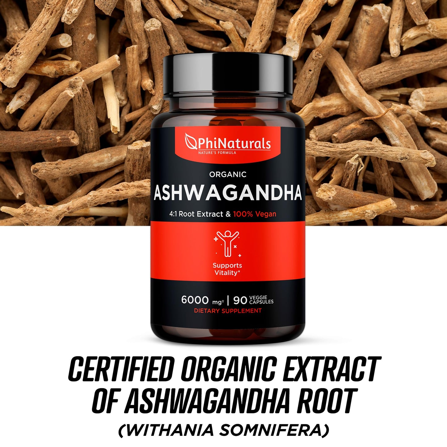 PhiNaturals Organic Ashwagandha Root Extract Vegan Capsules, 500mg per Capsule, 90 Count