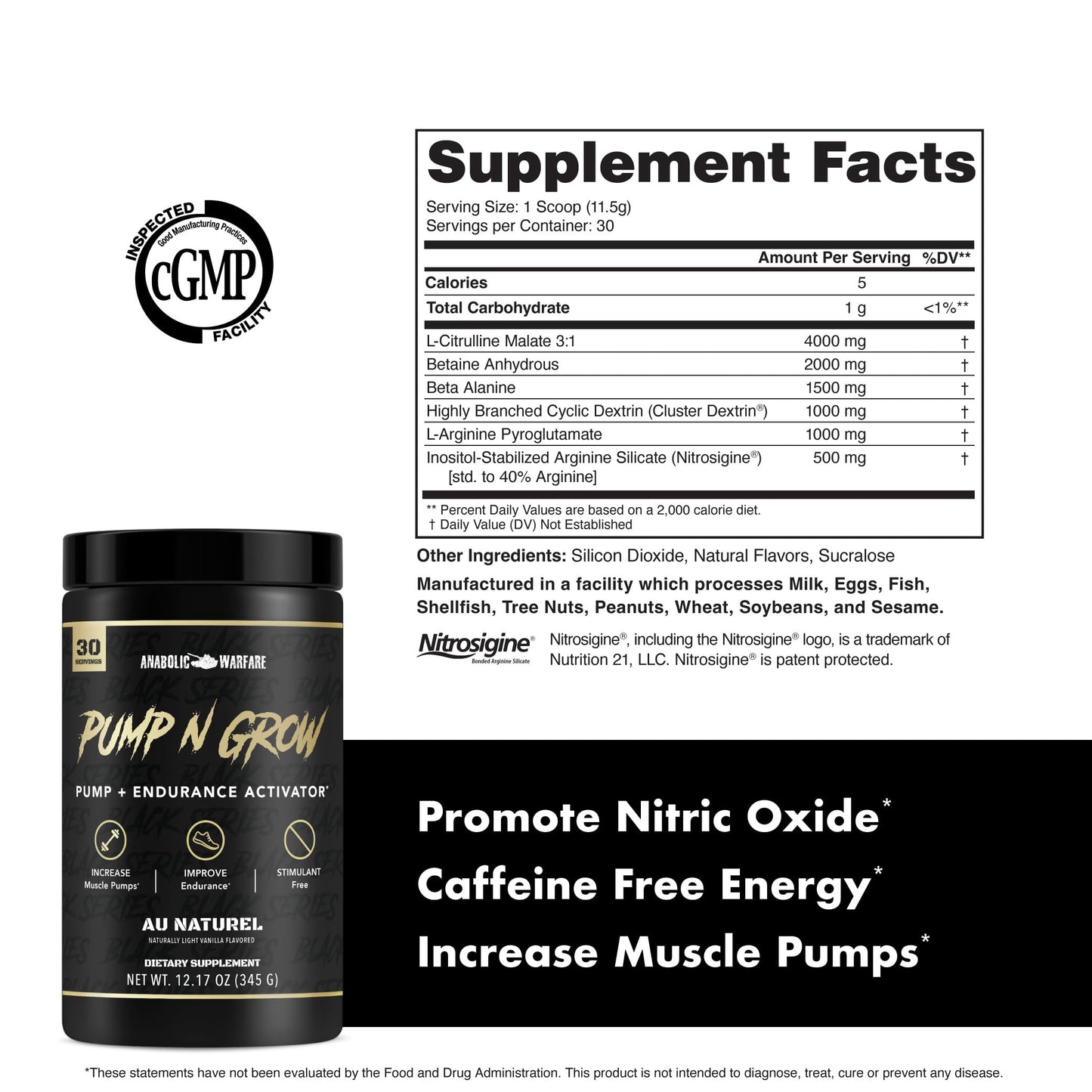 Anabolic Warfare Pump-N-Grow Muscle Pump Supplement Caffeine-Free Pre-Workout Powder with L-Citrulline, L-Arginine, Beta-Alanine, 14.8 Ounces