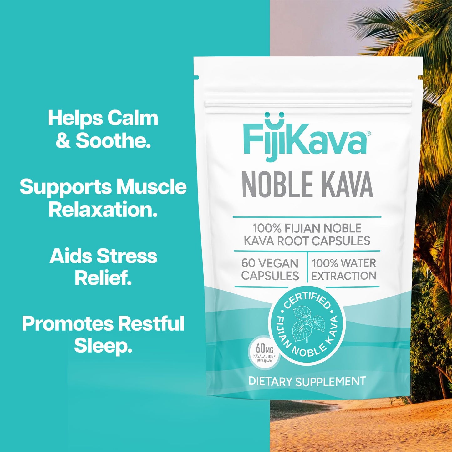 FijiKava Noble Kava Kava Capsules, 600mg Kavalactones per Serving, 60 Capsules