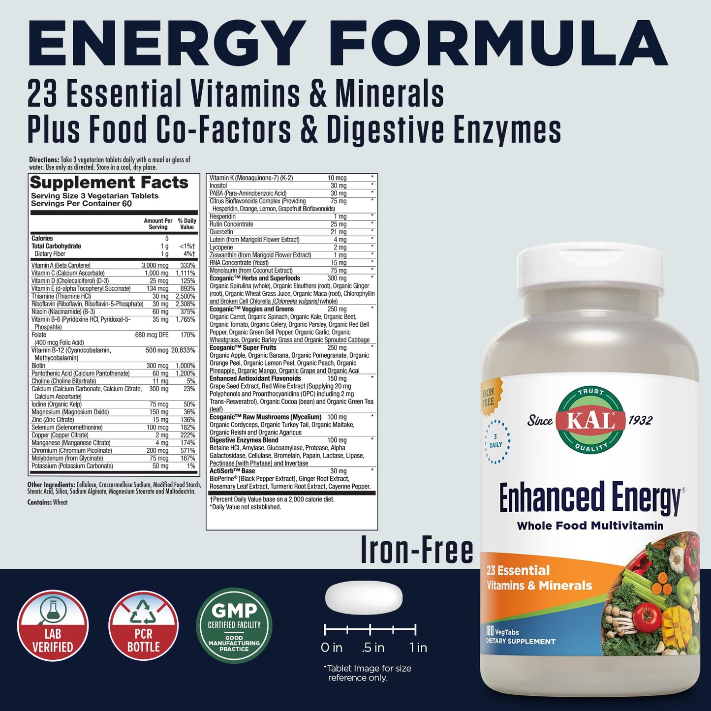 KAL Enhanced Energy Multivitamin, 180 Capsules
