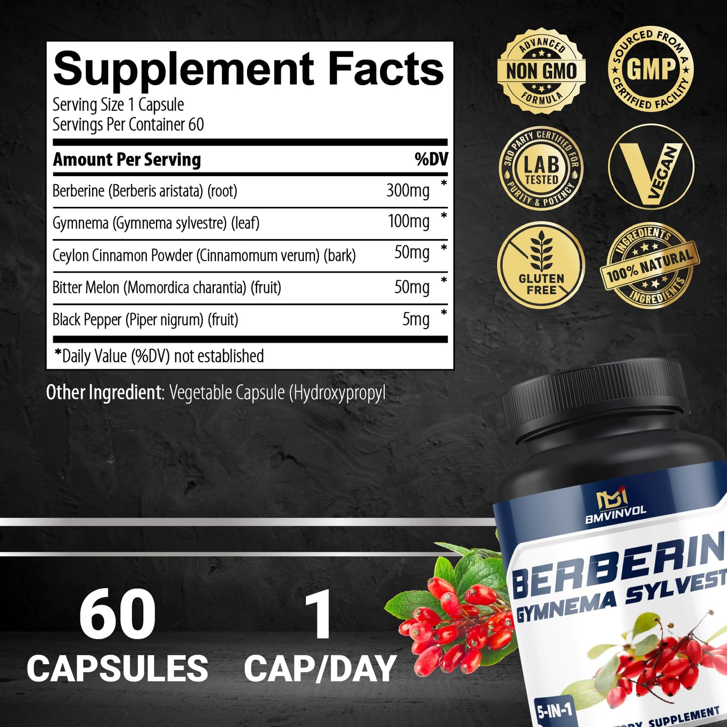 BMVINVOL 5-in-1 Berberine Supplement with Cinnamon, Gymnema Sylvestre, Bitter Melon & Black Pepper Capsules, 60 Count