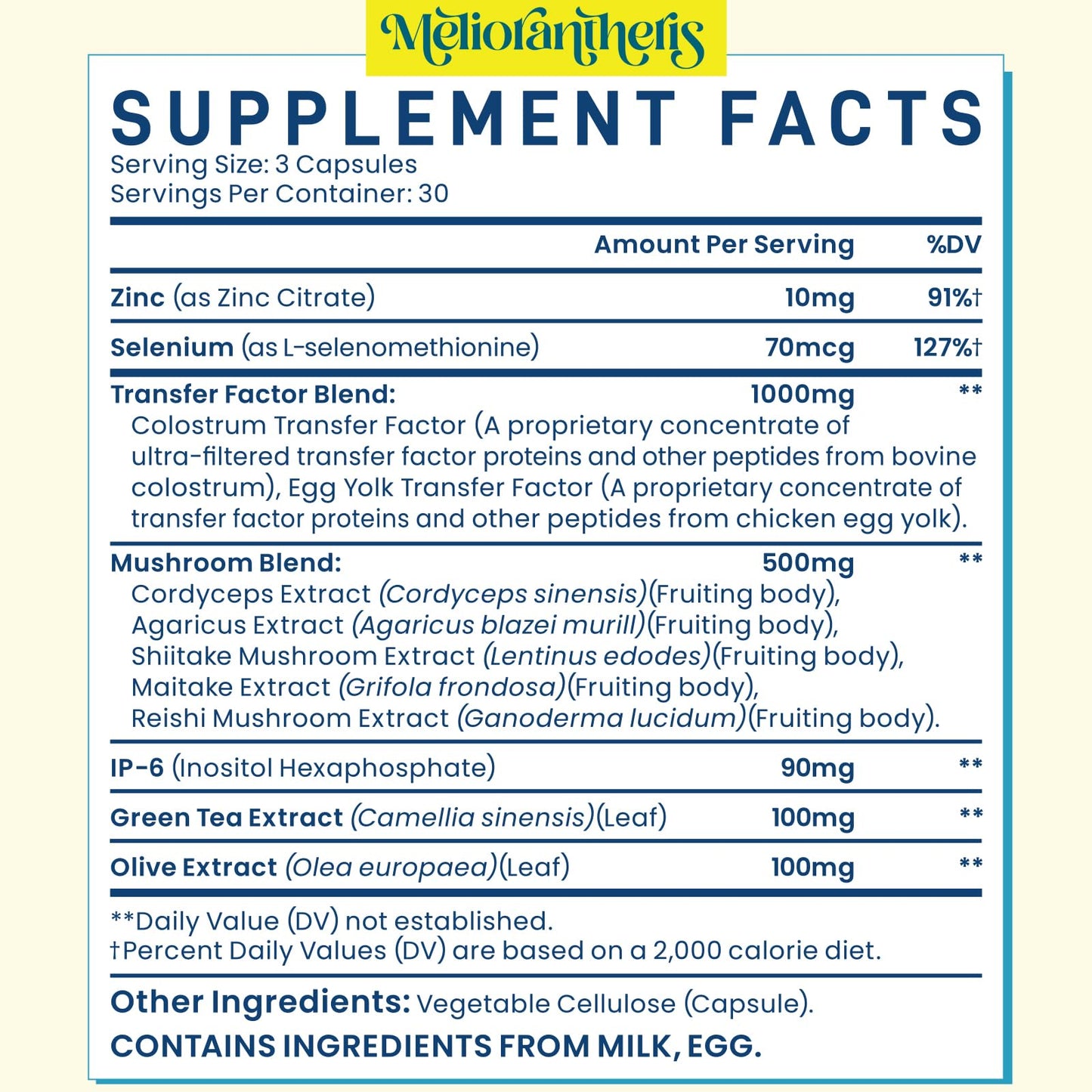 Meliorantheris Transfer Factor 1800mg Colostrum & Egg Yolk Extracts with Zinc and Selenium Immune & Cognitive Support Capsule 180 Count