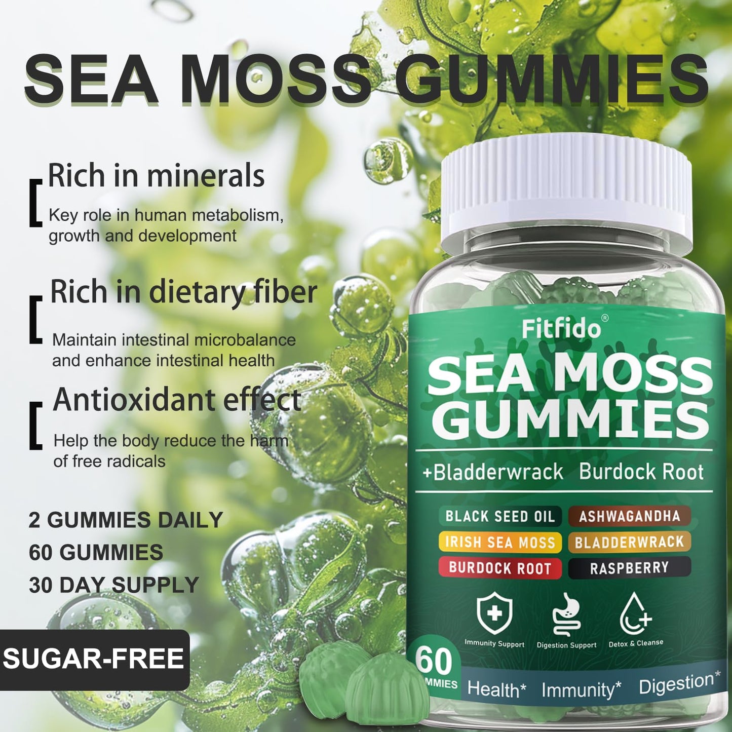 Fitfido Irish Sea Moss Gummies 60 Count with Bladderwrack, Burdock Root & Manuka Honey, 105+ Trace Minerals, Raspberry Flavor, Sugar Free, Vegan