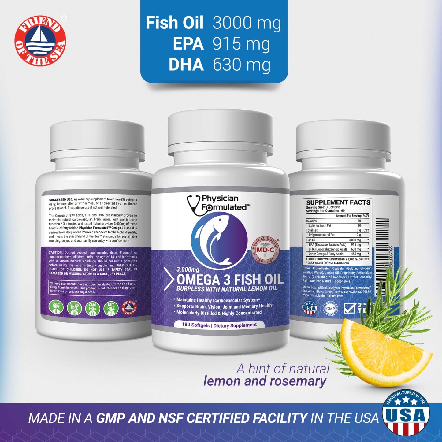 Physician Formulated Fish Oil Omega-3 Softgels 180 Count