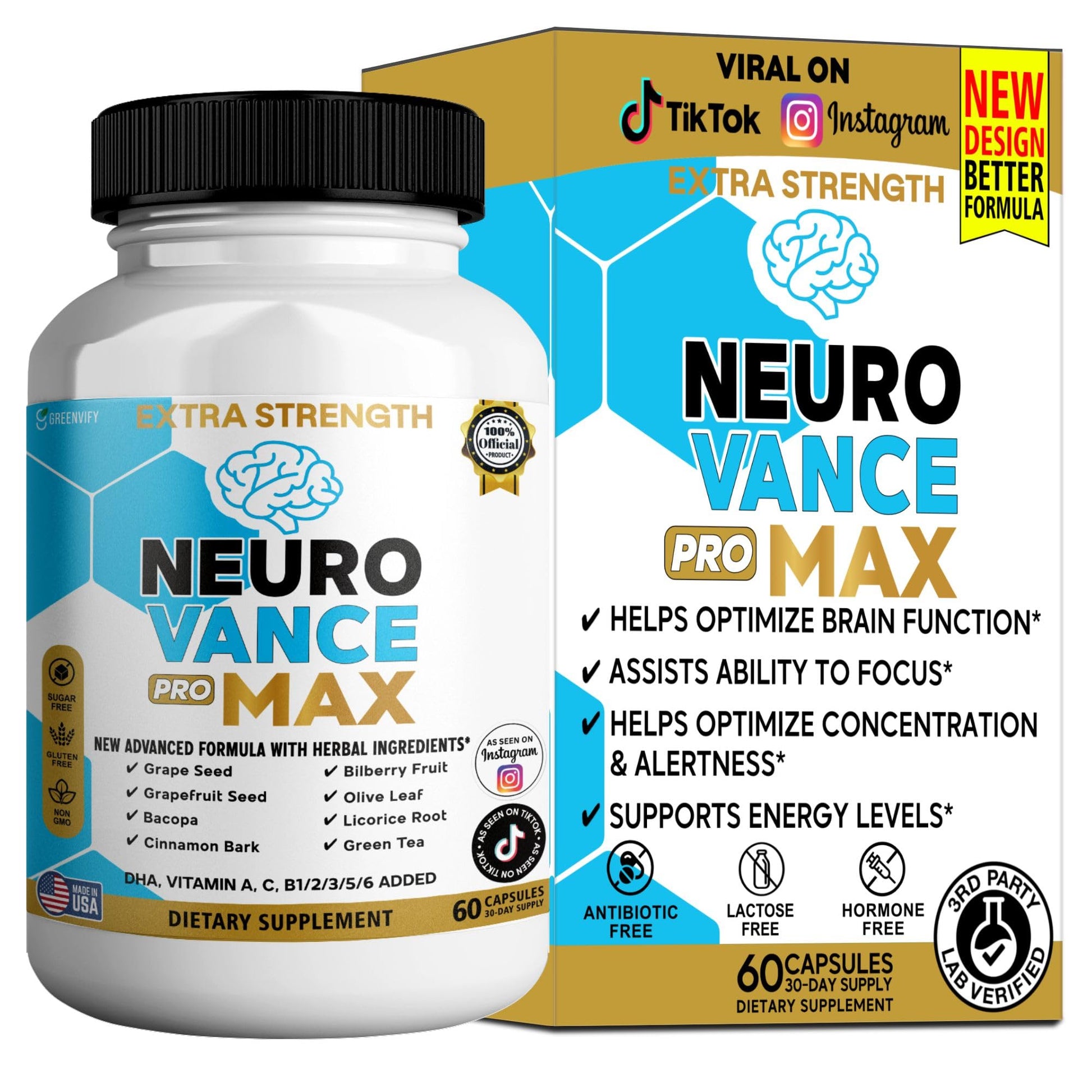 GREENVIFY Neuro Vance Pro Max Extra Strength Brain Supplement, Nootropic Cognitive Support Complex, 60 Capsules