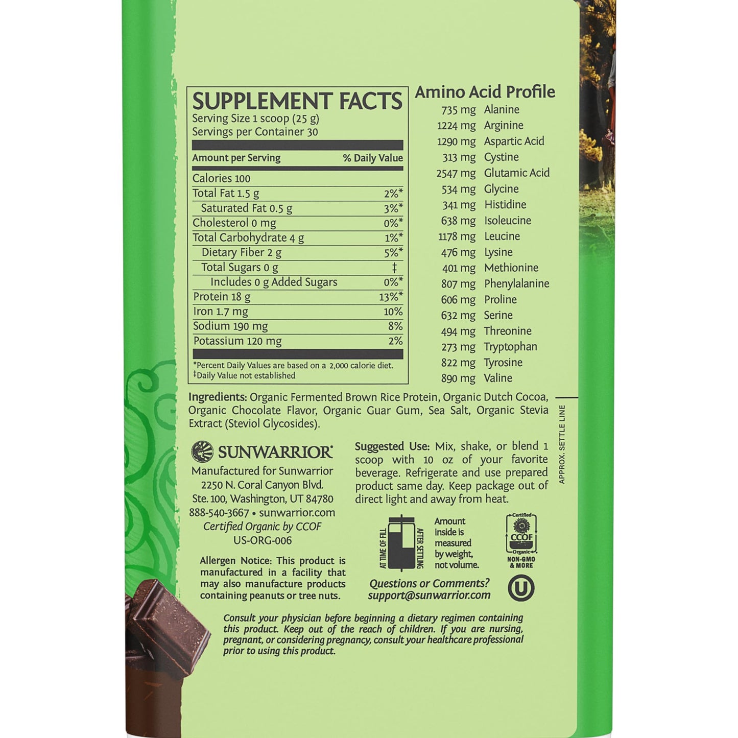 Sunwarrior Organic Brown Rice Protein Chocolate Powder, 26.25 oz