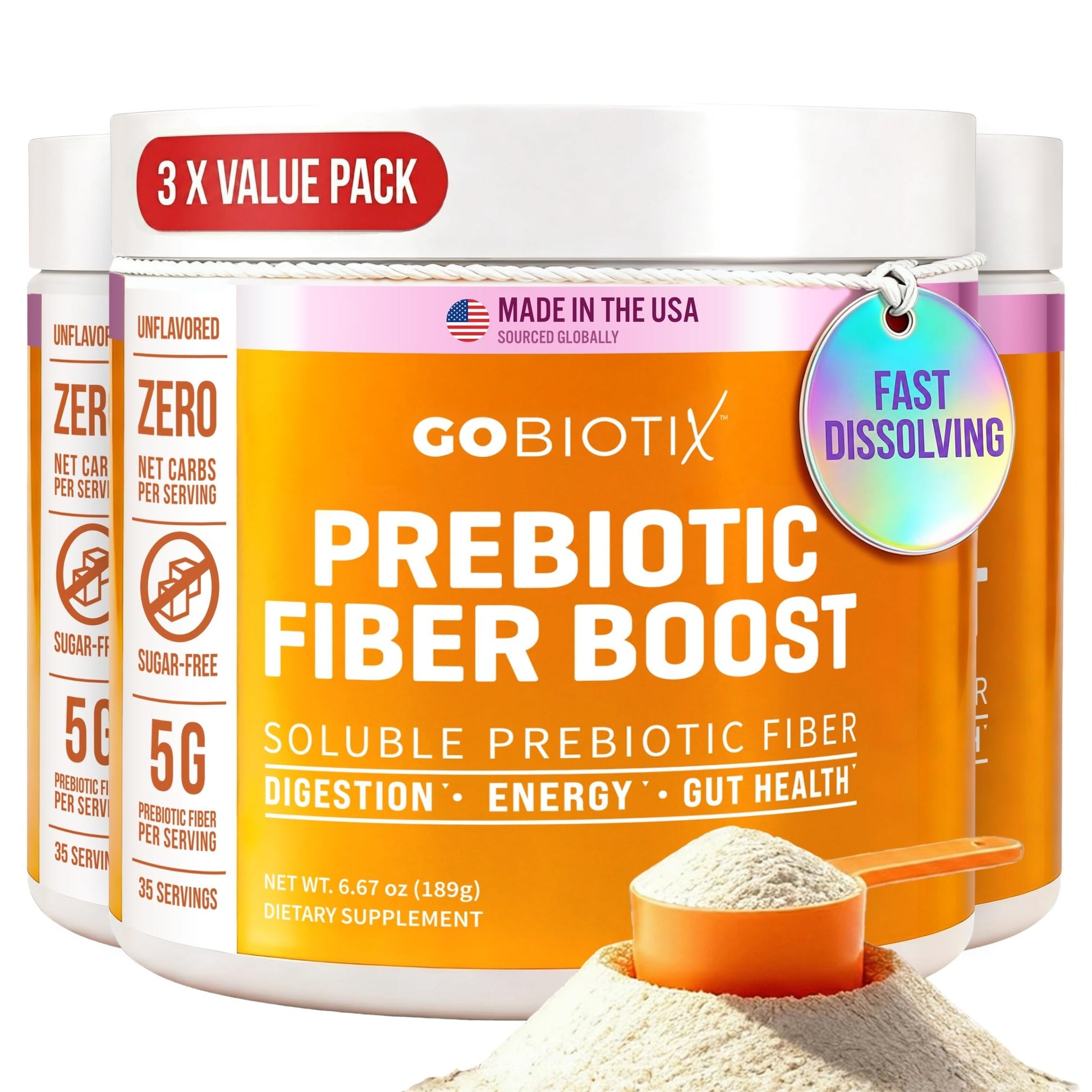 GOBIOTIX Fiber Supplement with Prebiotics for Digestive Health and GLP-1 Support Powder, 18.51 oz (Pack of 3)