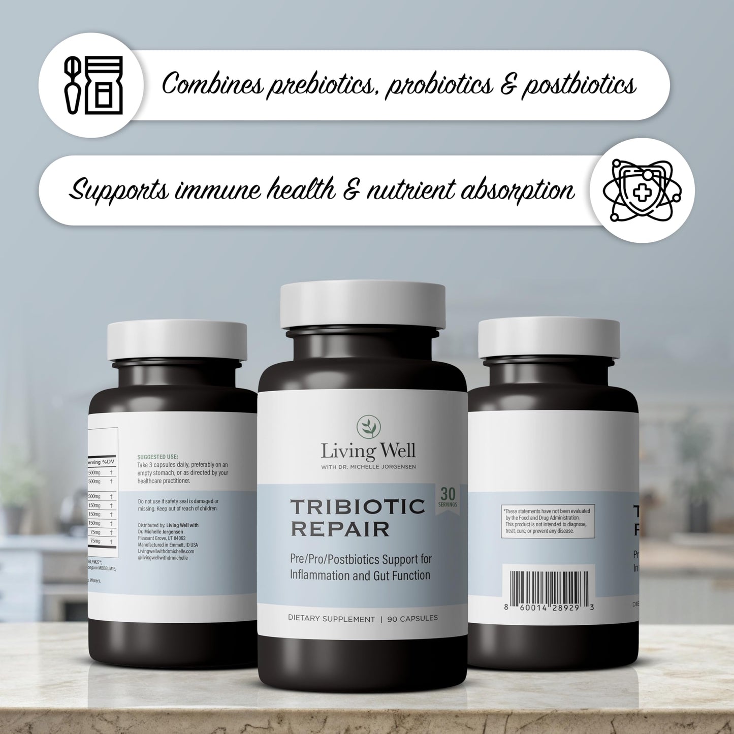 Living Well with Dr. Michelle Tribiotic Repair Probiotic Prebiotic Supplement Capsules, 30 Count