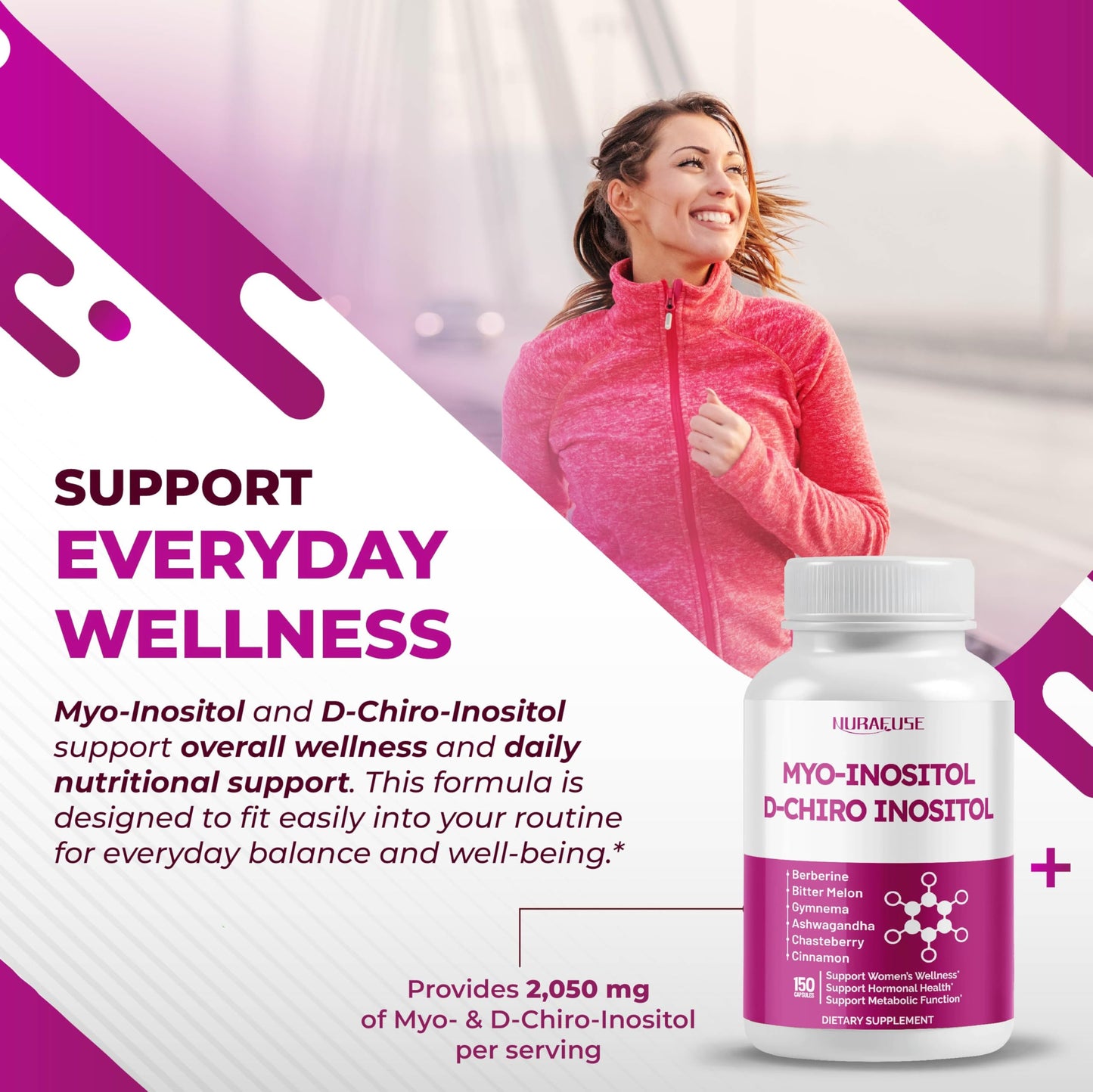 NURAFUSE High Potency Myo-Inositol & D-Chiro Inositol with Chasteberry, Cinnamon, Bitter Melon & Gymnema Capsules, 150 Count