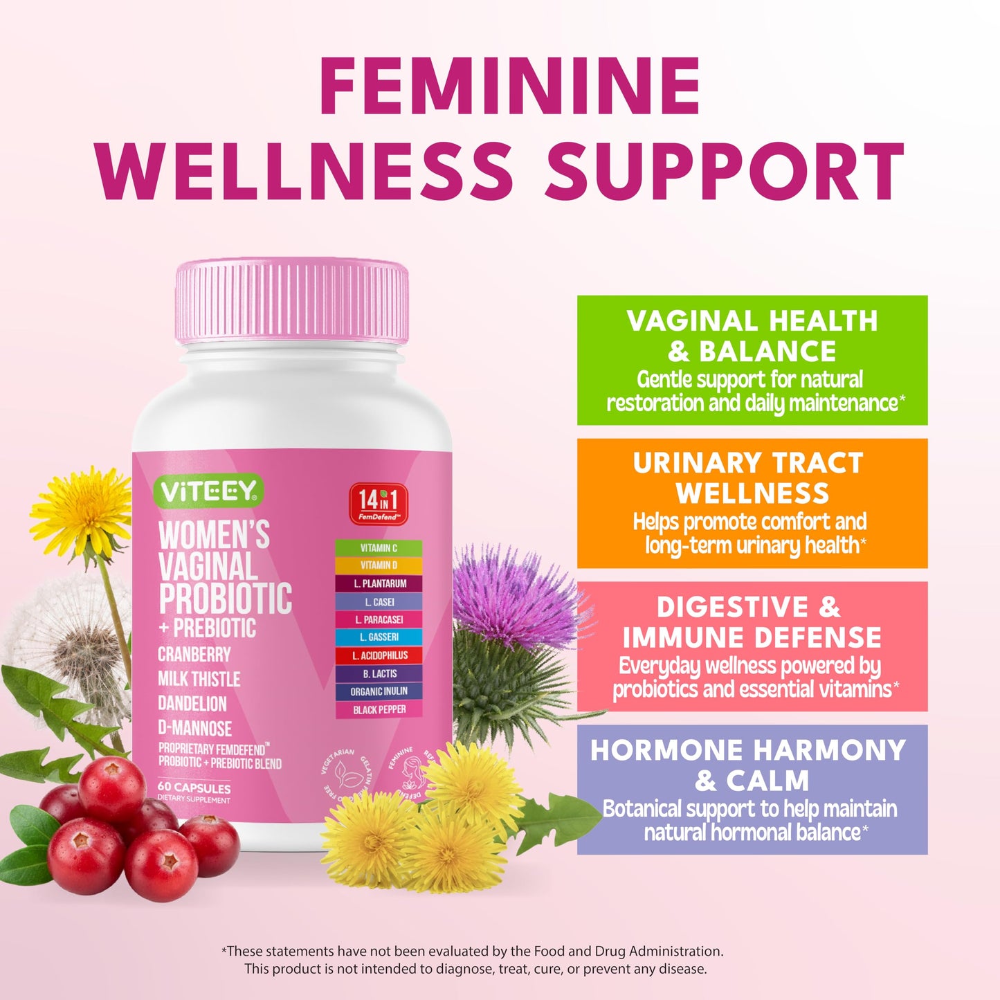 Viteey Vaginal Probiotic for Women 14-in-1 FemDefend Capsules, 60 Capsules