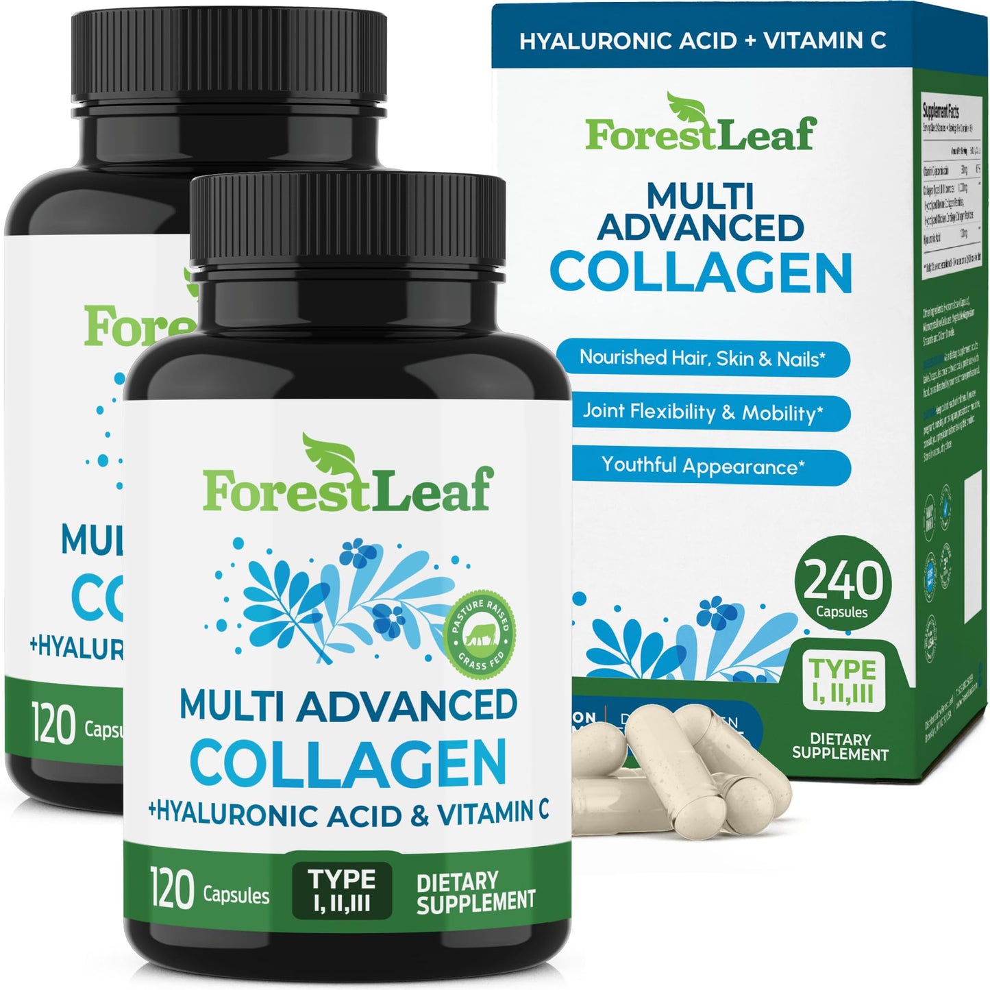 ForestLeaf Multi Collagen Capsules with Hyaluronic Acid + Vitamin C, 240 Capsules