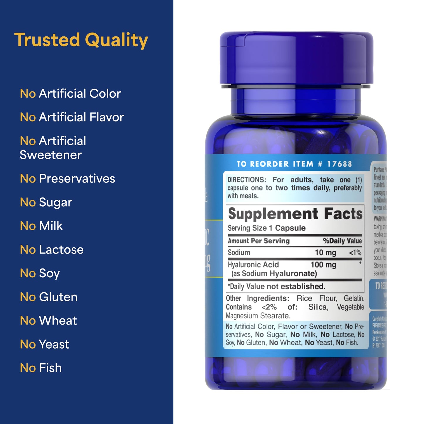 Puritan's Pride Hyaluronic Acid 100mg Dietary Supplement for Skin Hydration Rapid Release Capsules, 60 Capsules