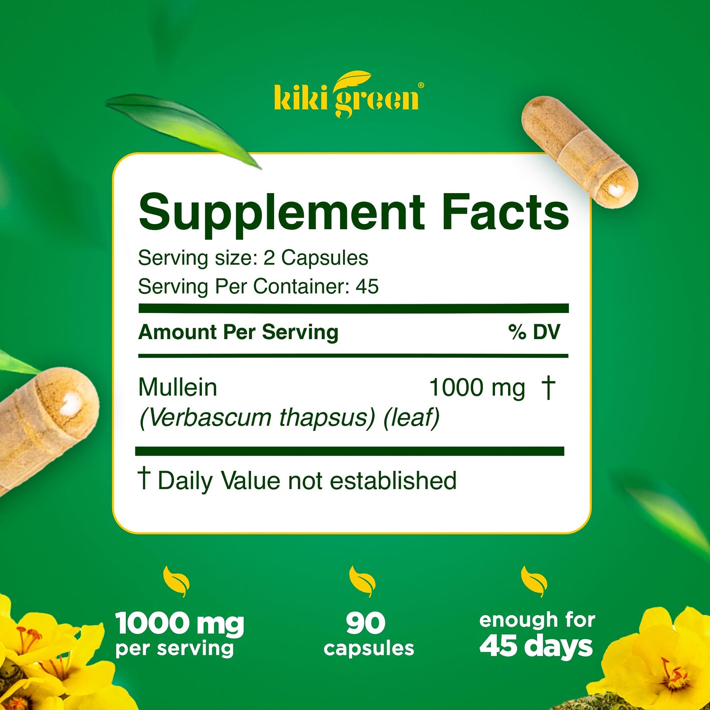 KIKI Green Mullein Leaf Extract Capsules 1000mg, 90 Count