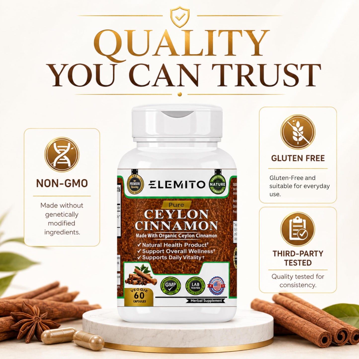 ELEMITO Organic Ceylon Cinnamon Capsules 1200mg, 60 Count
