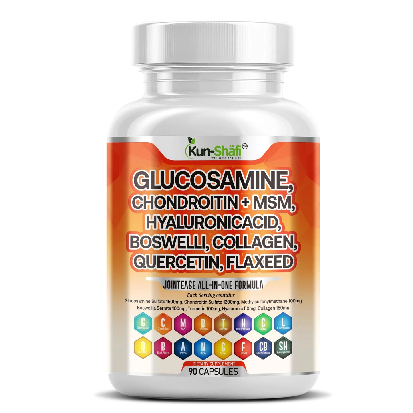 Kun Shafi Glucosamine Chondroitin MSM Supplement Capsules, 90 Count