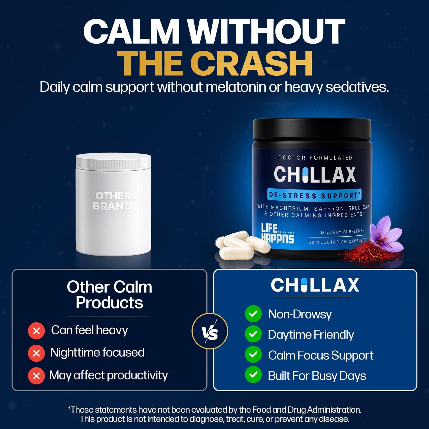 LIFE HAPPNS BE READY Calm & Mood Support Supplement for Adults with Saffron, Non-Drowsy Daily Stress Support, Emotional Wellness & Relaxation Support with L-Theanine, Magnesium Glycinate & Skullcap for Calm Focus, Capsules, 60 count