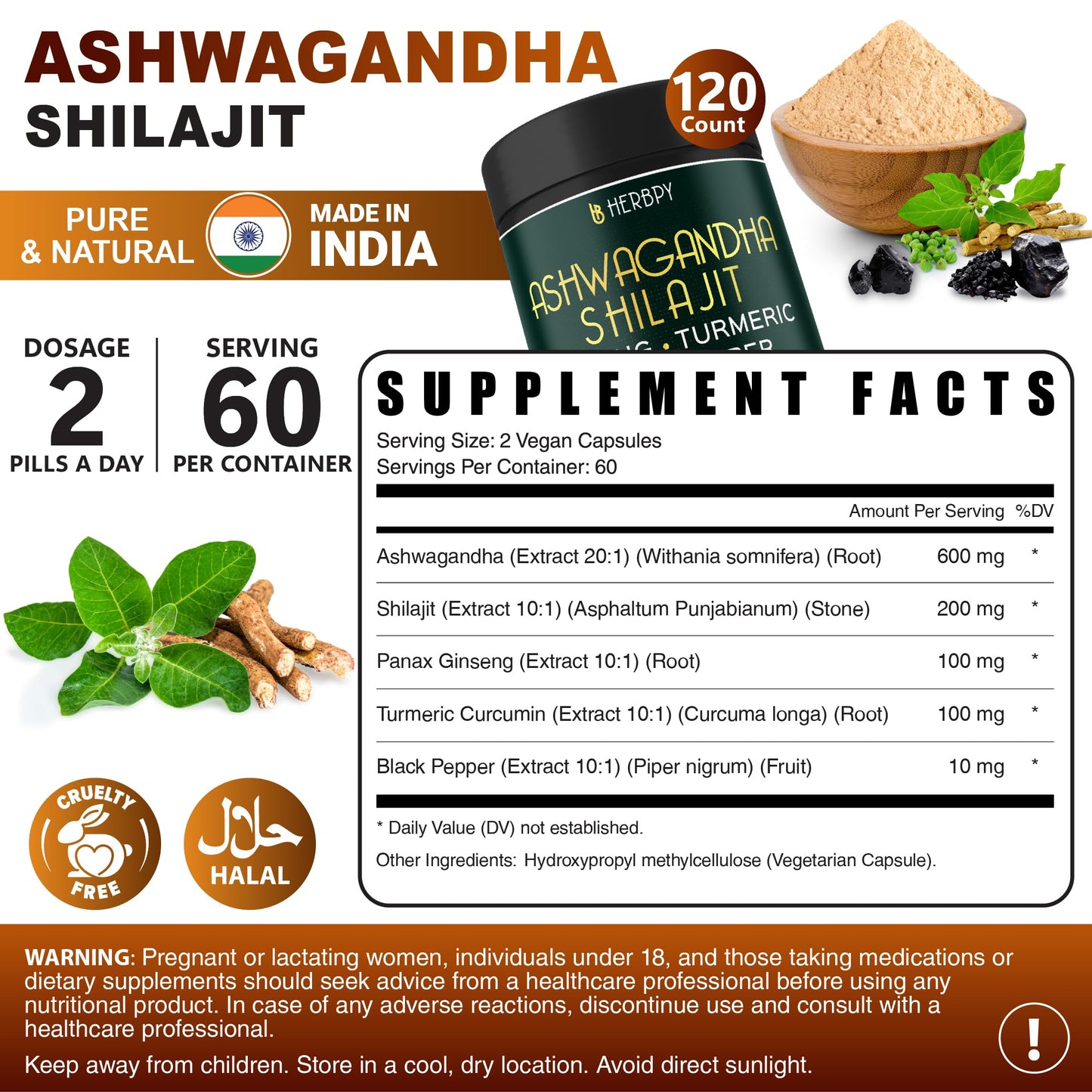 Herbpy 5in1 Ashwagandha Extra Strength with Shilajit for Stamina, Energy & Relaxation Support - Plus Ginseng, Turmeric Root & Black Pepper Capsules, 120 Count