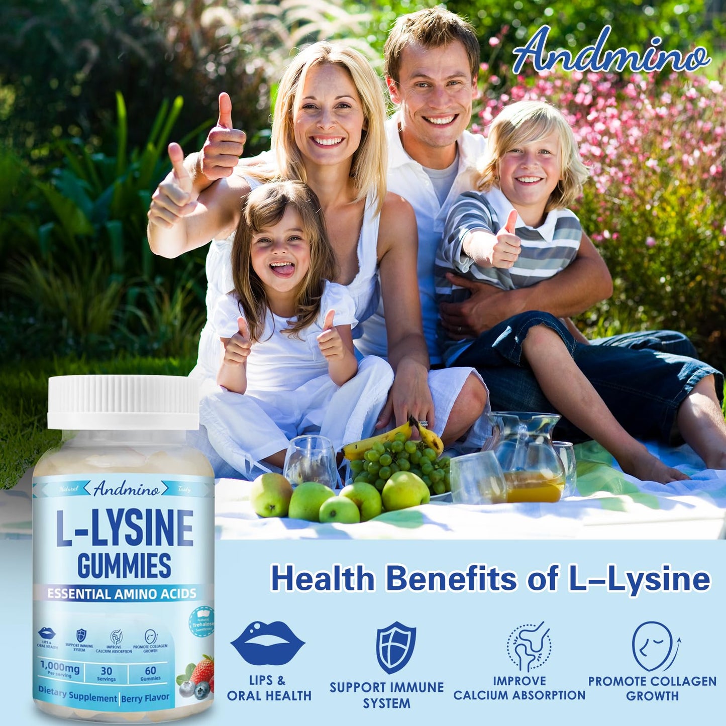 andmino L-Lysine Gummies 1000 mg, 120 Gummies