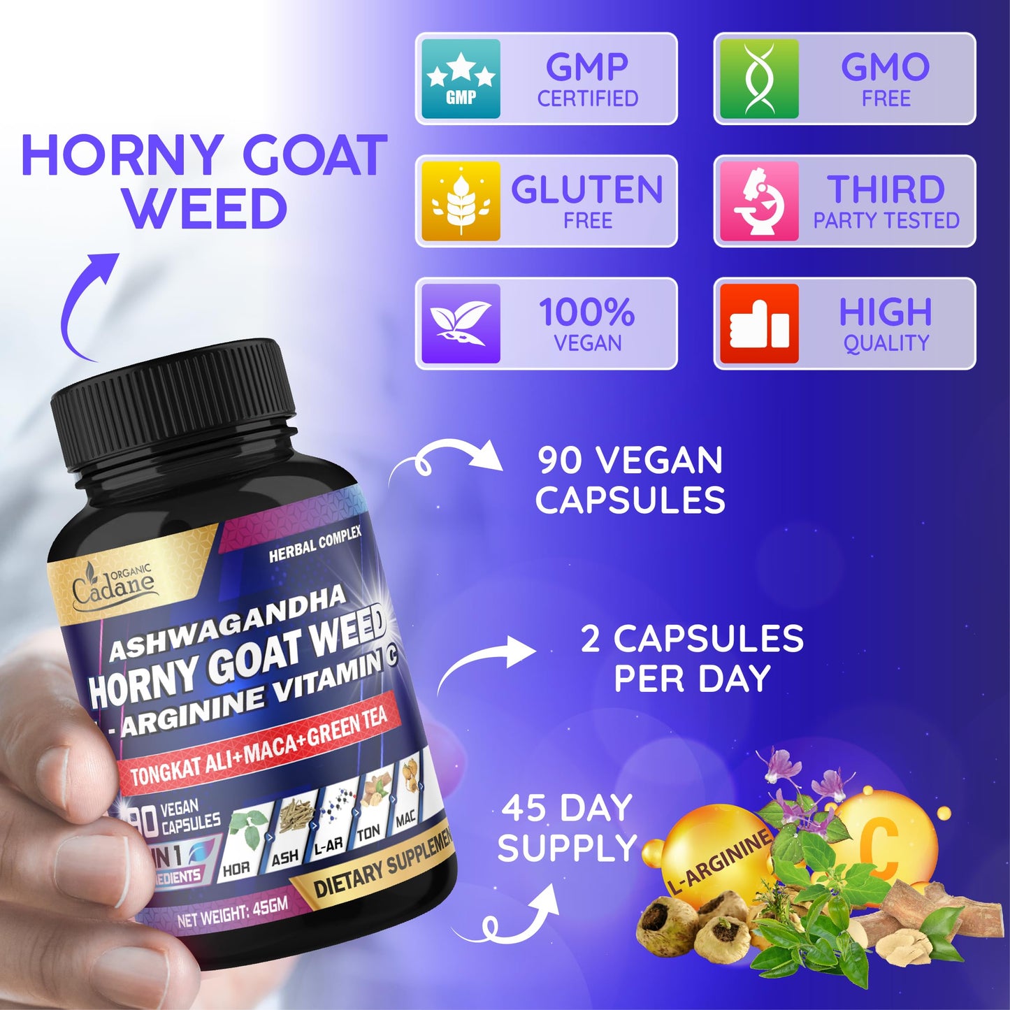 Organic Cadane Horny Goat Weed Supplement - 7in1 Blended with VIT C, Ashwagandha Root, L-Arginine & More, 90 Capsules