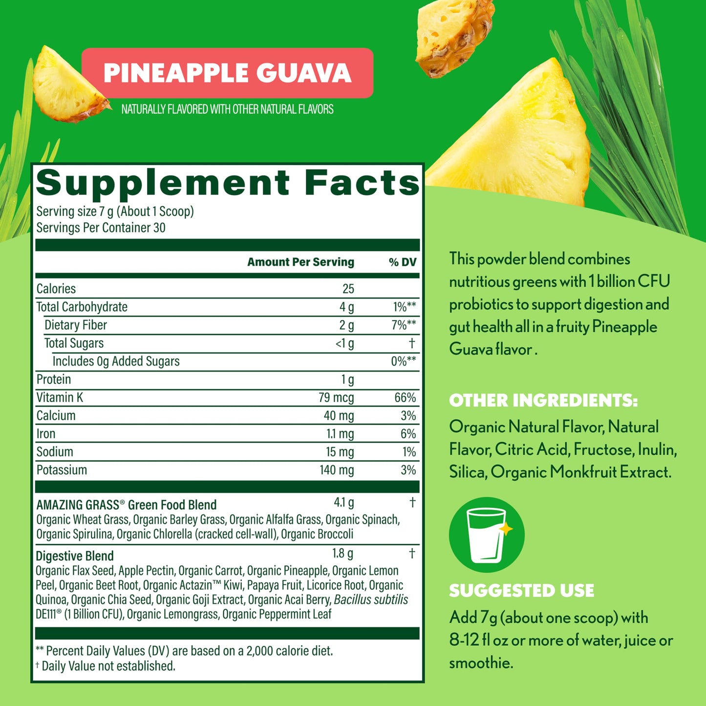 Amazing Grass Super Greens Digest Pineapple Guava Powder 7.4 Ounce