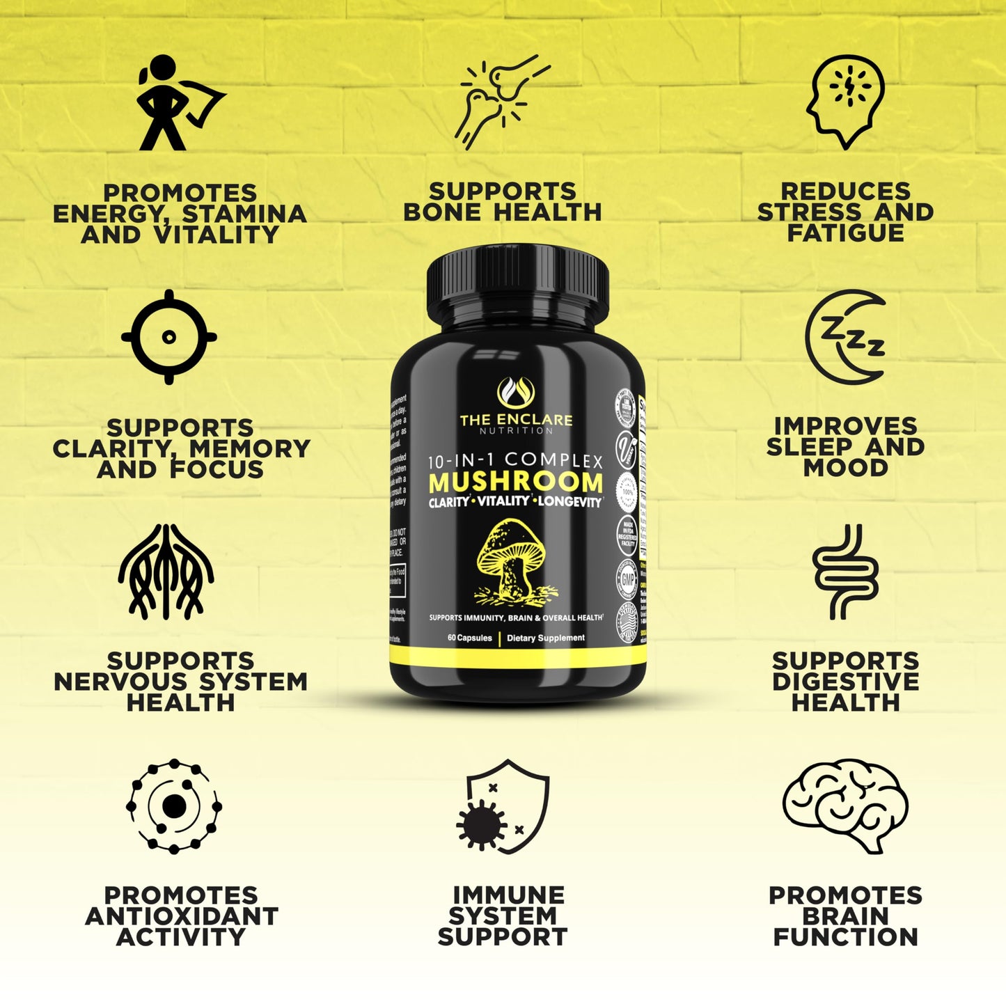 The Enclare Nutrition Mushroom Supplement 10in1 Complex Immune Support, Energy, Nootropic Brain, Immunity Booster Lions Mane, Reishi, Turkey Tail, Cordyceps, Chaga, Maitake, Shiitake, Agaricus Capsules, 180 Count