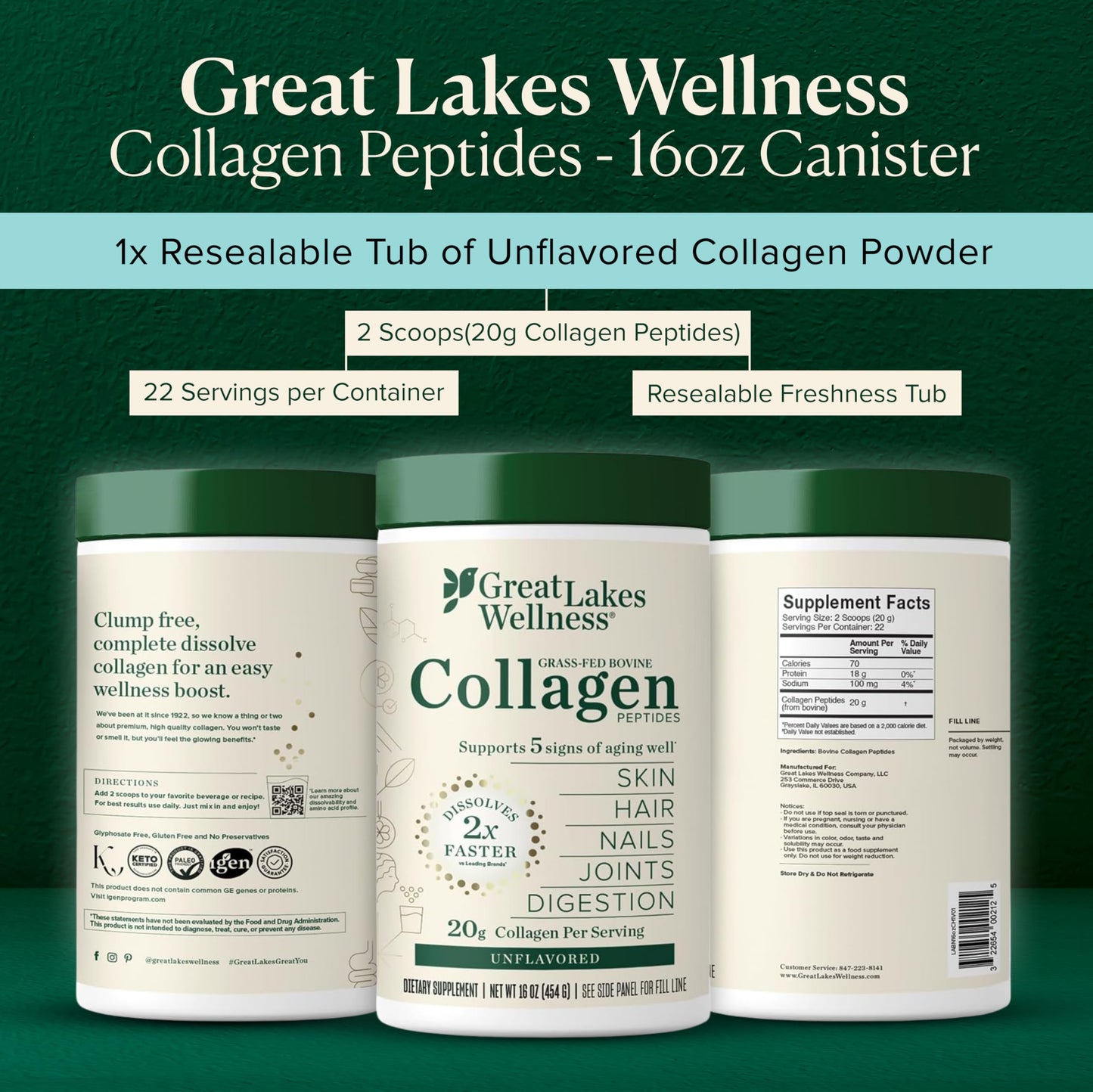 Great Lakes Wellness Collagen Peptides Powder 16 oz, 22 Servings