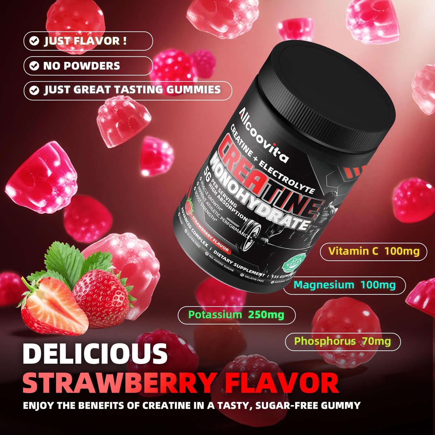 Allcoovita NSF Certified Creatine Monohydrate Gummies 5g, 135 ct