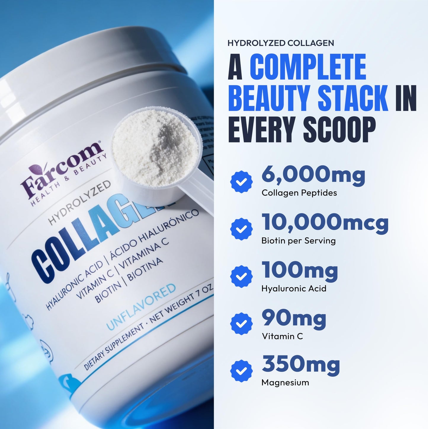 Farcom Hydrolyzed Collagen Peptides Powder 7 oz with Biotin 10,000mcg, Hyaluronic Acid & Vitamin C – Unflavored Collagen Powder for Hair, Skin, Nails & Joint Support, Gluten Free, Non-GMO