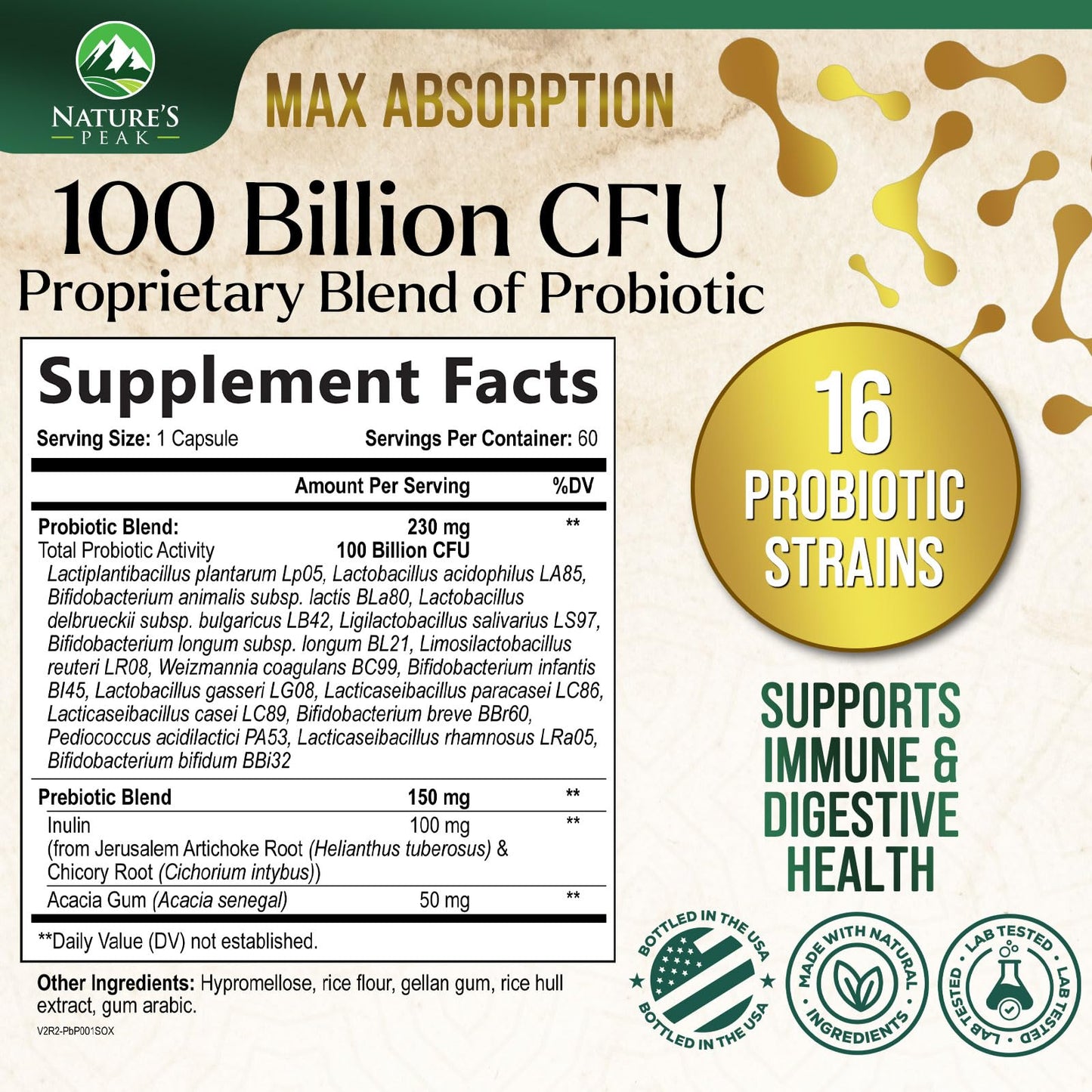 Nature's Peak Probiotics 100 Billion CFU Per Serving - 16 Premium Probiotic Strains Prebiotics, Immune Support, Gut Health, Occasional Constipation, Gas & Bloating, 60 Capsules