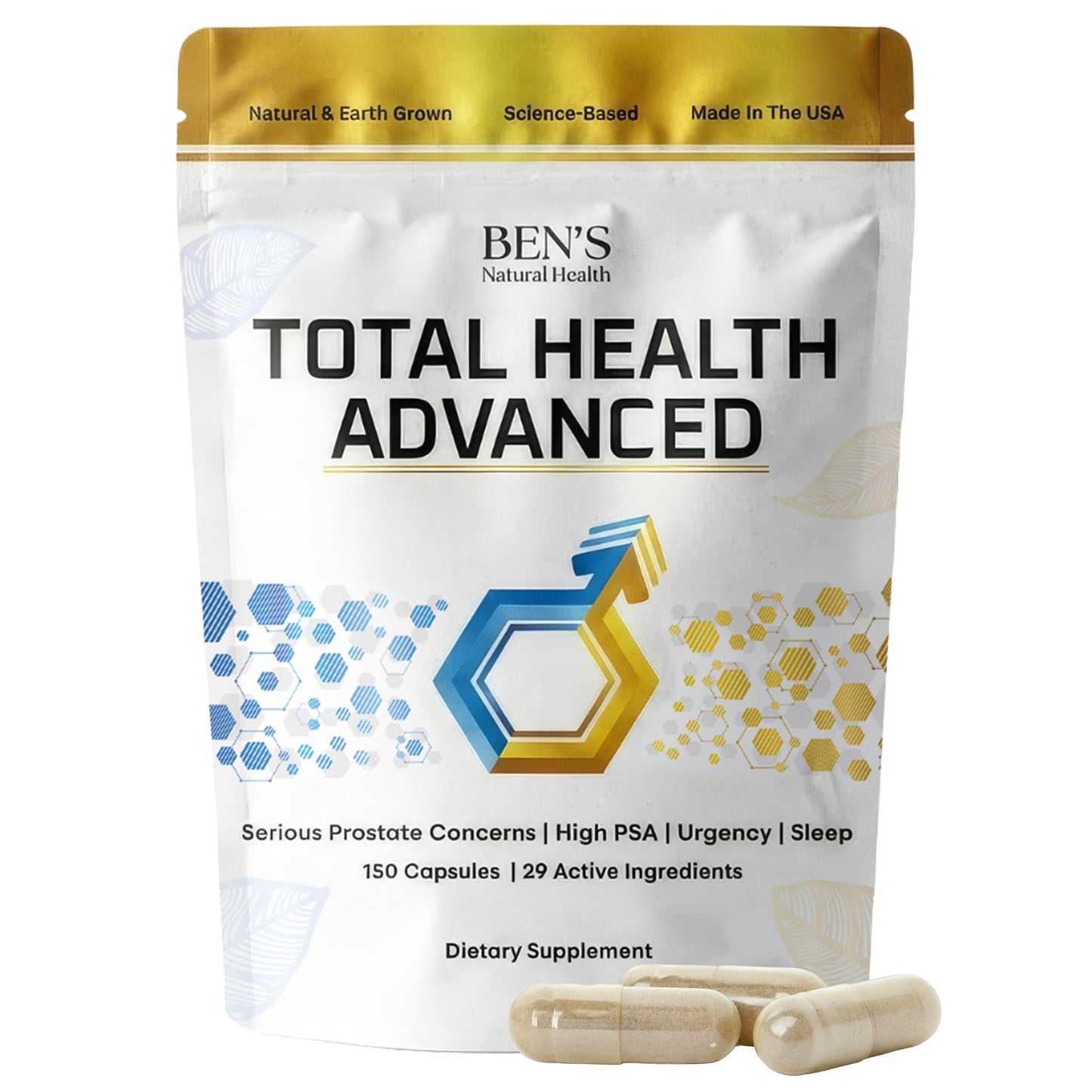 Ben's Natural Health Total Health Advanced Prostate Support Supplement with 29 Ingredients Beta-Sitosterol, Vitamins C, D, E, Zinc, Pygeum, Turmeric, Holy Basil 120 Tablets