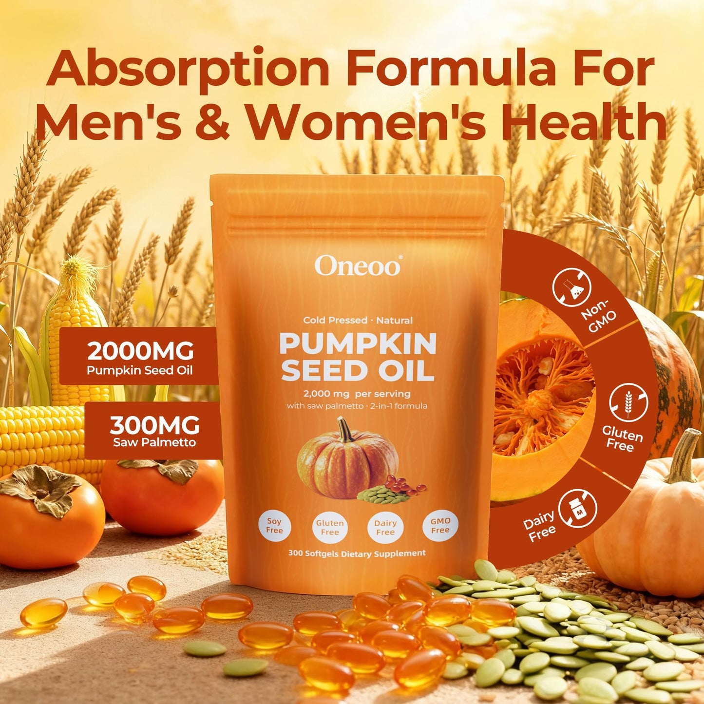 Oneoo Pumpkin Seed Oil 2000mg with Saw Palmetto Softgels, 300 Count