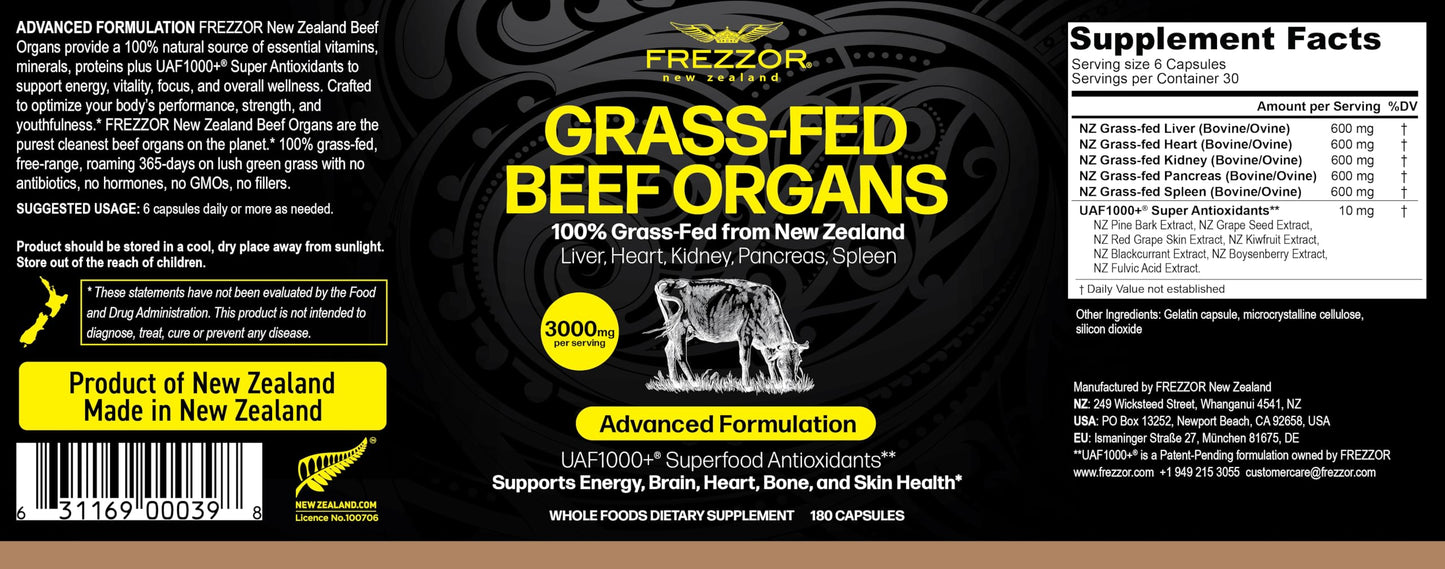 FREZZOR New Zealand 100% Live-Grass-Fed Beef Organs Complex Capsules, 540 Capsules