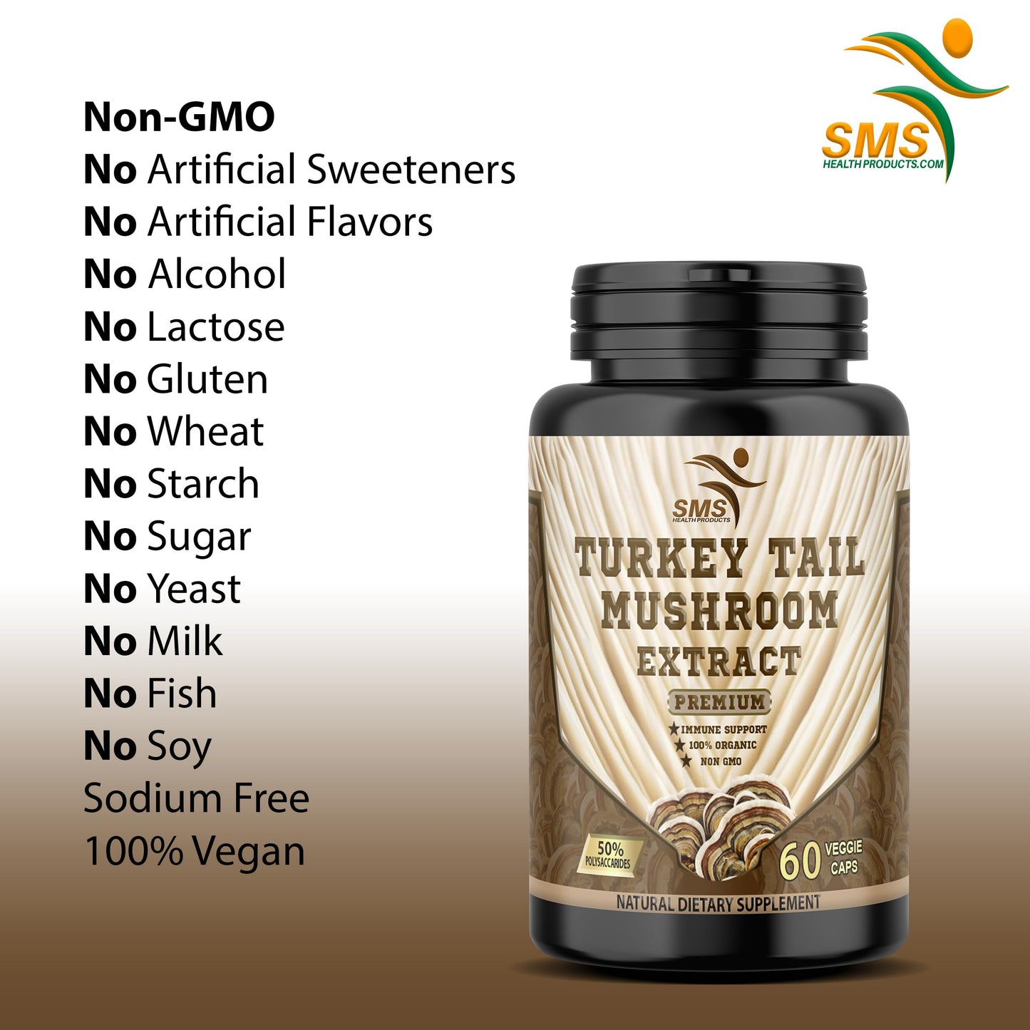 SMSHEALTHPRODUCTS.com Turkey Tail Mushroom Supplement Capsule, 60 Veggie Capsules