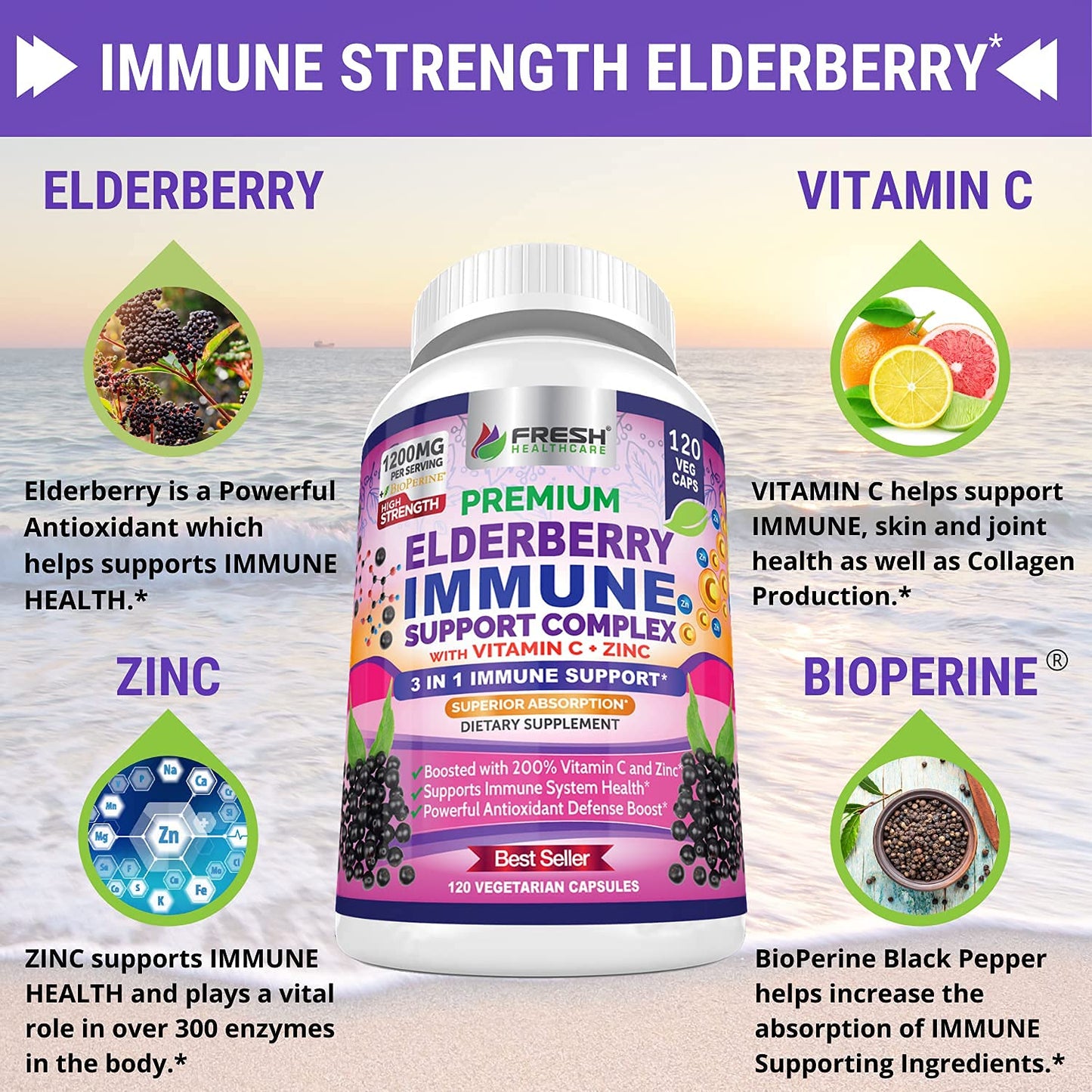 FRESH HEALTHCARE Elderberry Capsules High Potency Black Elderberry with Zinc & Vitamin C, 120 Capsules