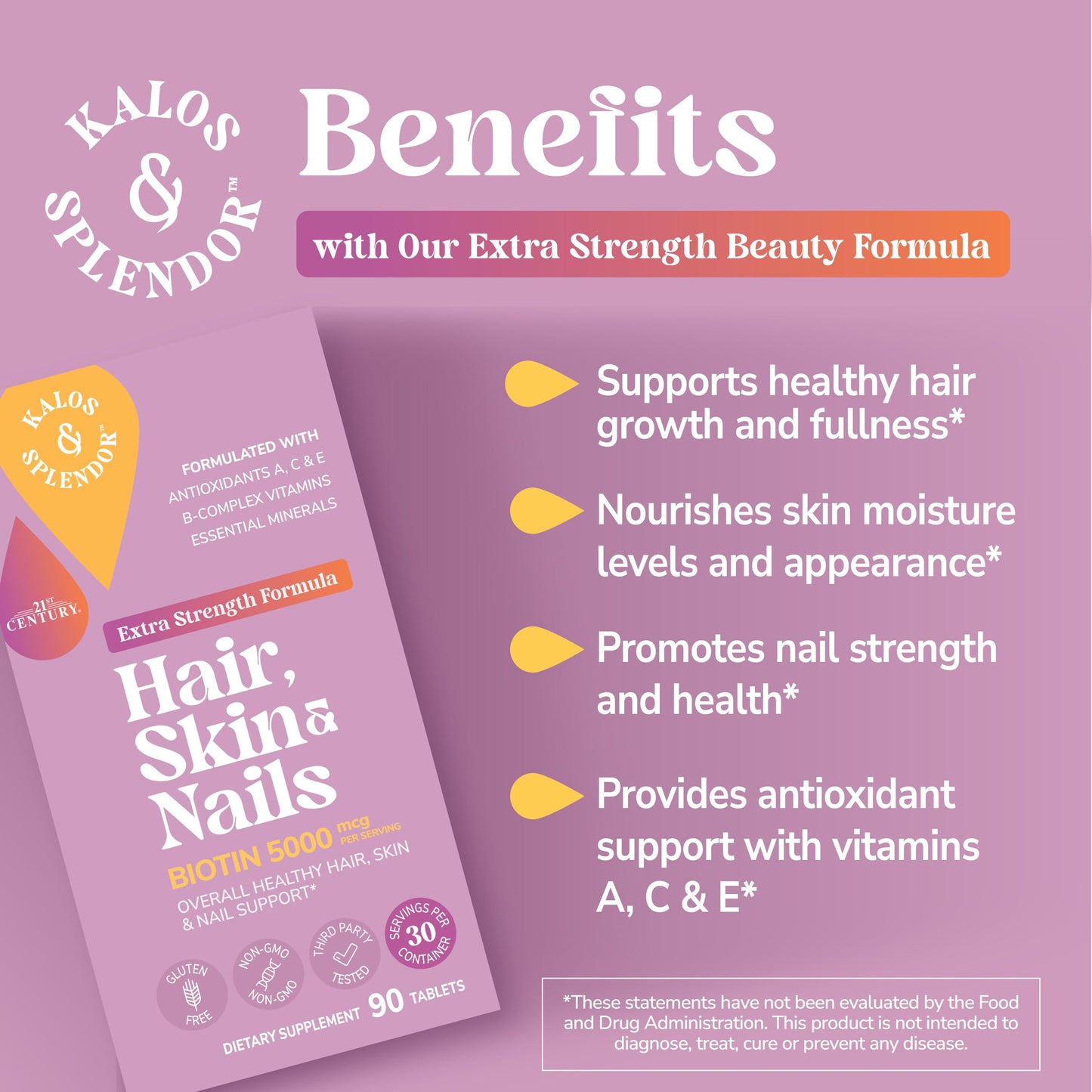 Kalos and Splendor 21st Century Hair, Skin and Nails Tablets, 90 Count