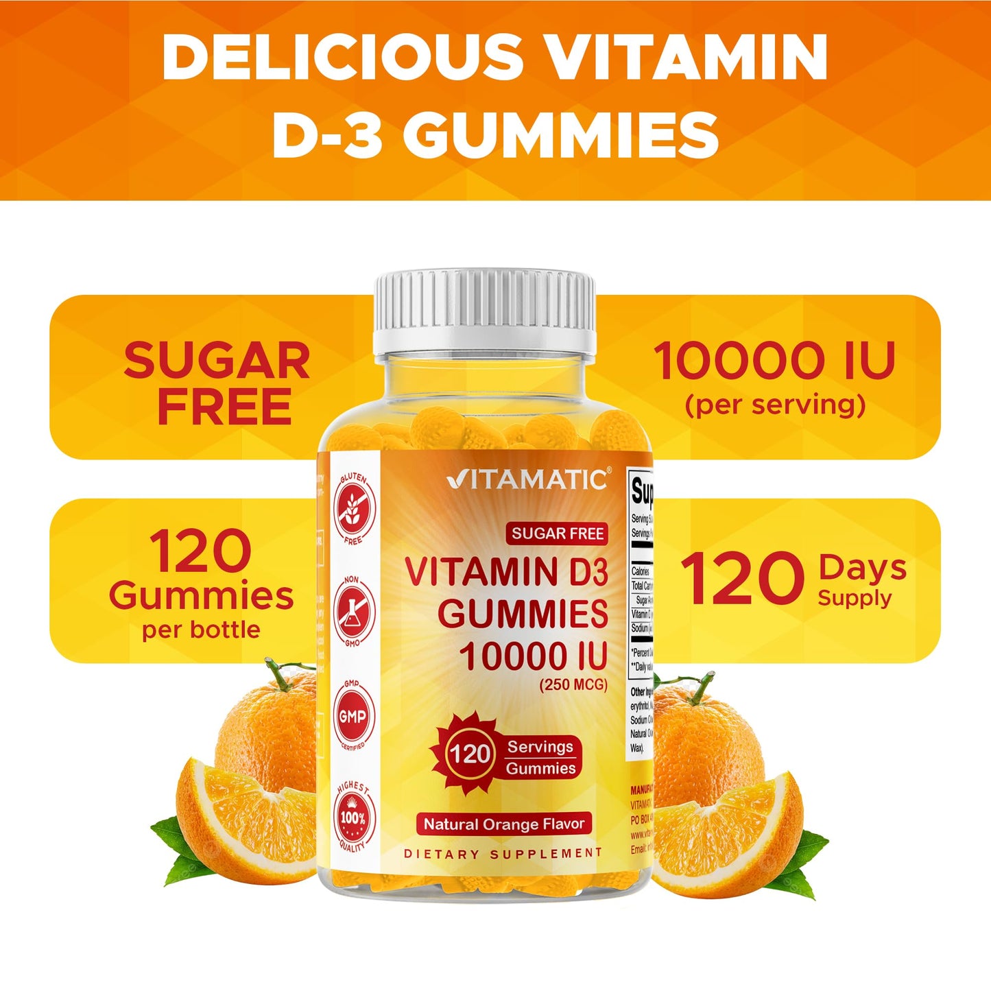 Vitamatic Sugar Free Vitamin D3 10000 IU - 120 Pectin Based Gummies, 240 Gummies