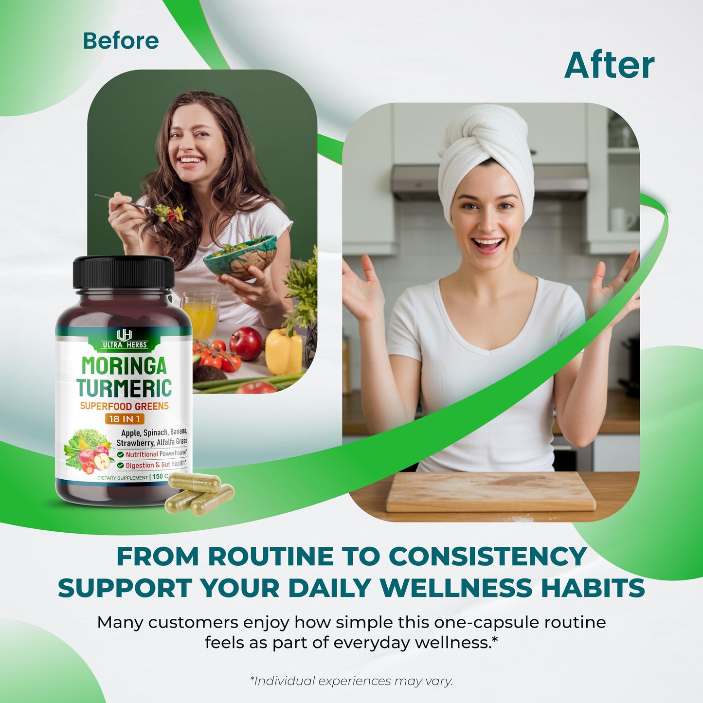 ULTRA HERBS Superfood Greens 18 in 1 with Fruits & Vegetables & Herbs - Moringa, Alfalfa, Apple, Spinatch, Banana, Strawberry - Boost Energy, Immunity and Gut Health, 150 Capsules