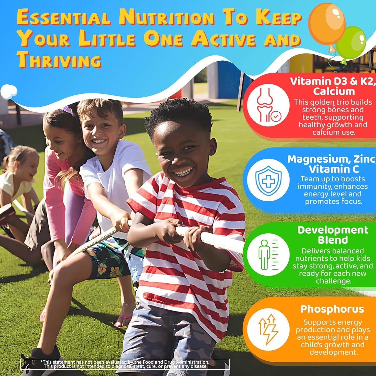 NEVISS Kids & Teens Vitamin D3 K2 Gummies + Calcium, Magnesium, Zinc, Phosphorus C, 60 Gummies