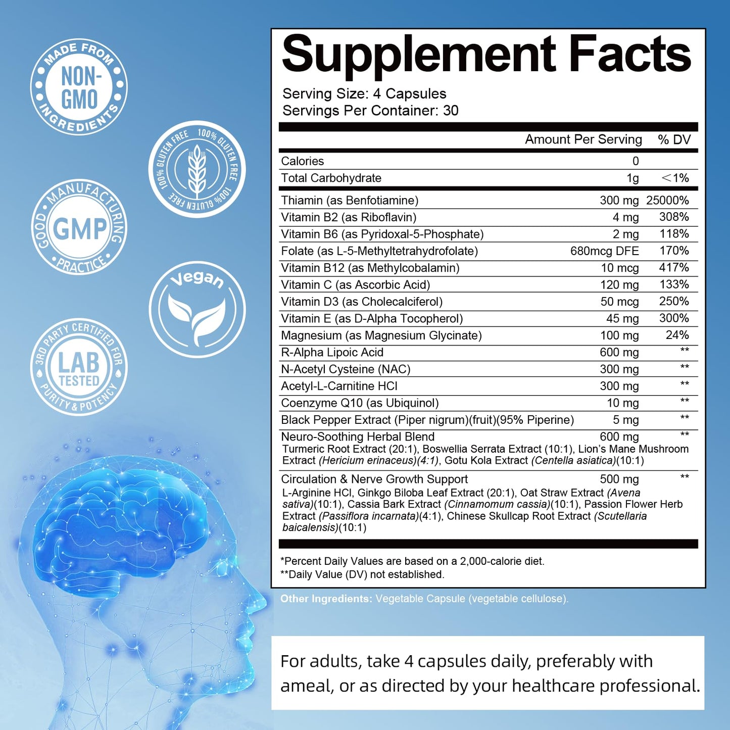 GrthNutr Nerve Health Neuropathy Supplements 600mg R-Alpha Lipoic Acid NAC ALC Vitamin B12 B1 B2 B6 Magnesium Capsule 120 Count