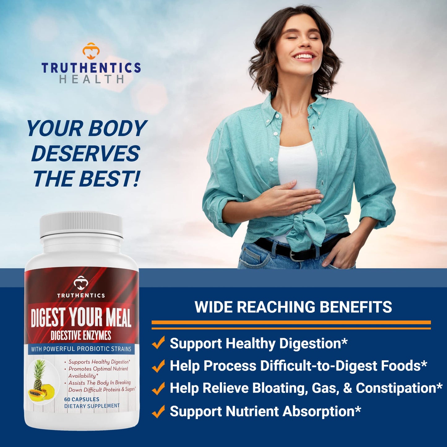 TRUTHENTICS Digestive Enzymes Plus Probiotics & Prebiotics Capsules, 60 Capsules