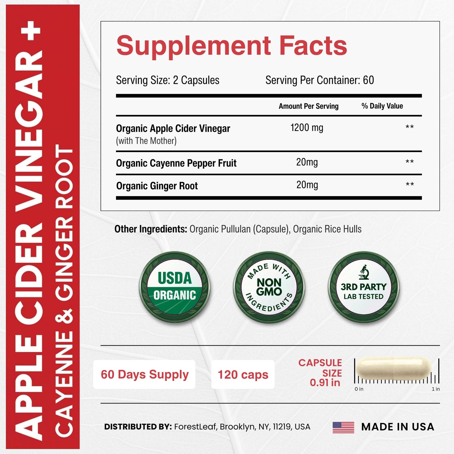 ForestLeaf USDA Organic Apple Cider Vinegar Capsules with Mother, 1200 mg, 120 Capsules