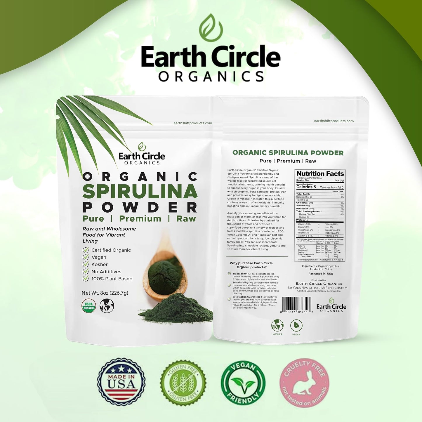 Earth Circle Organics Spirulina Powder 8 oz (3 Pack)