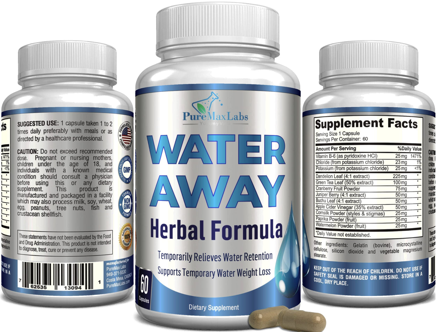 YUMMYVITE Water Away Gentle Herbal Diuretic Capsules, 60 Count