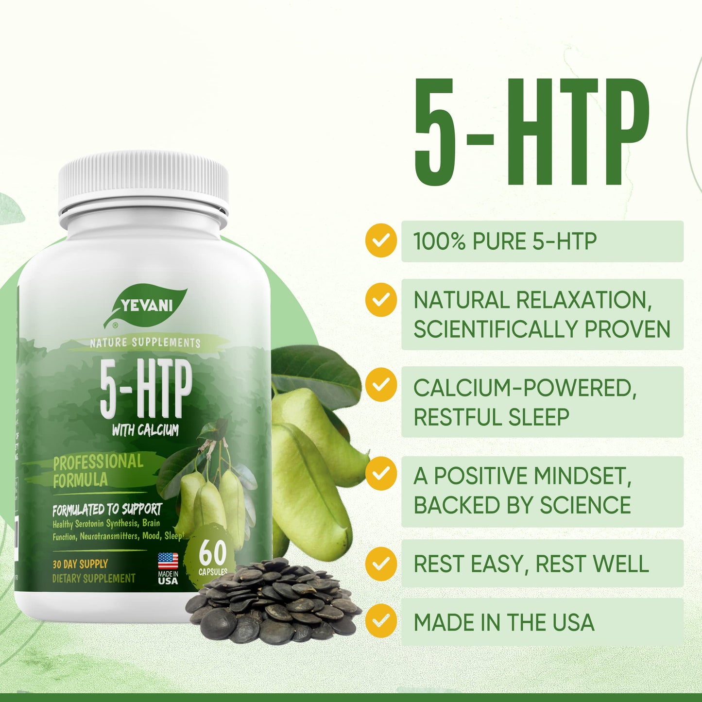 YEVANI 5-HTP Formula with Calcium Capsule, 60 Capsules