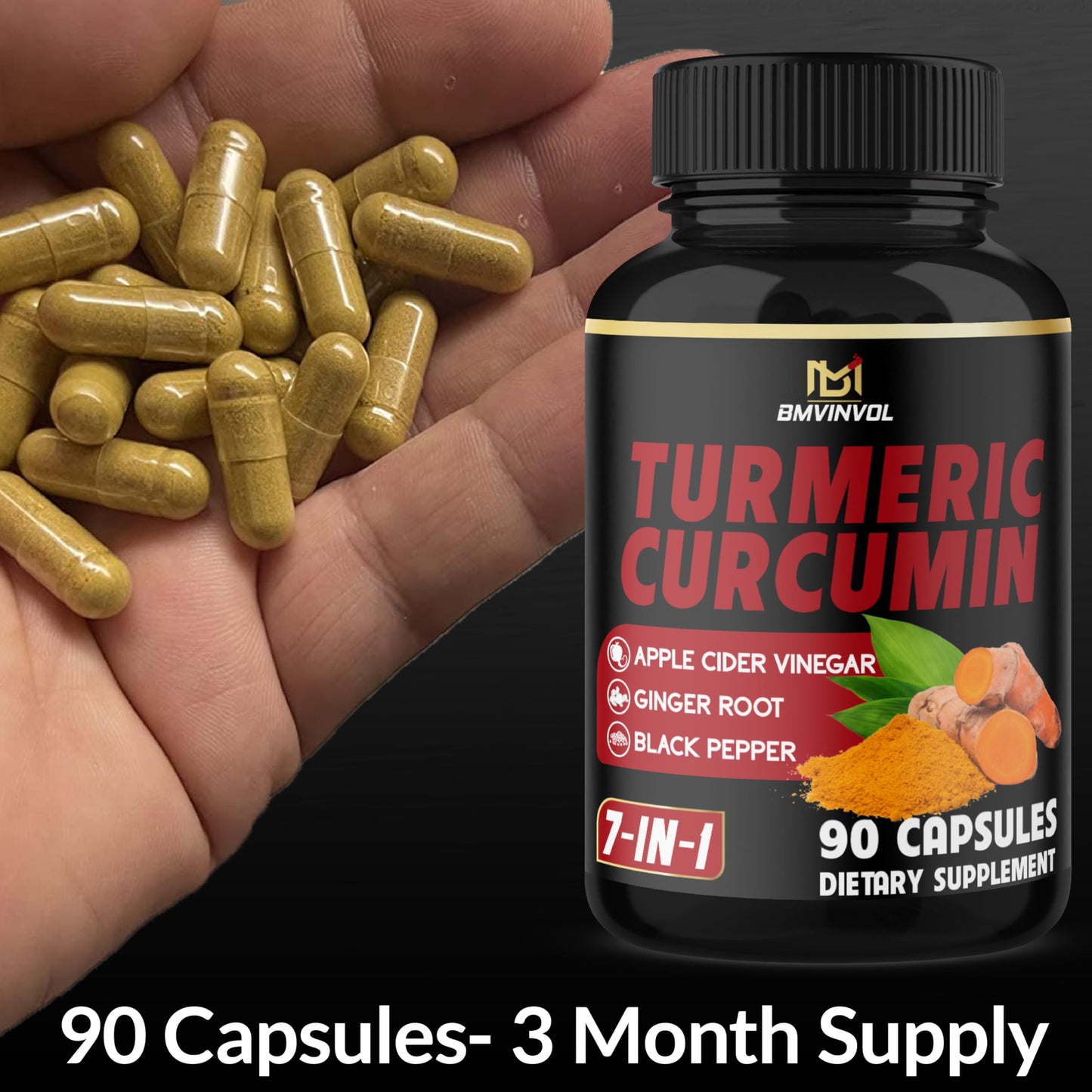 BMVINVOL Turmeric Curcumin with 95% Curcuminoids & Apple Cider Vinegar, Ginger Root & Black Pepper for Advanced Absorption Capsules, 90 Count
