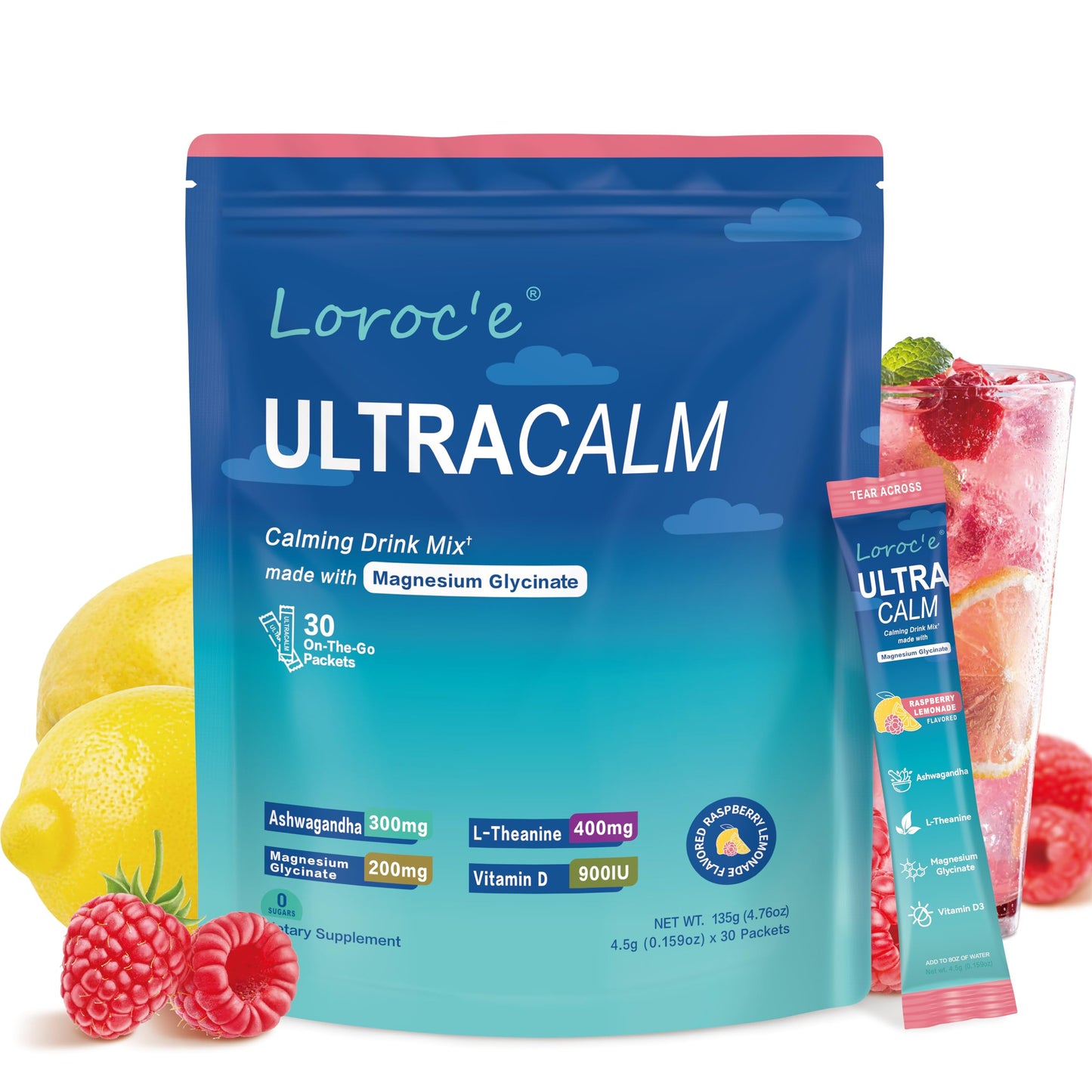 Loroc'e UltraCalm Super Cortisol Drink Powder with Magnesium Glycinate, Ashwagandha, L-Theanine, Vitamin D3, Magnesium Powder for Sleep & Stress Relief, Raspberry Lemonade, 4.76 oz