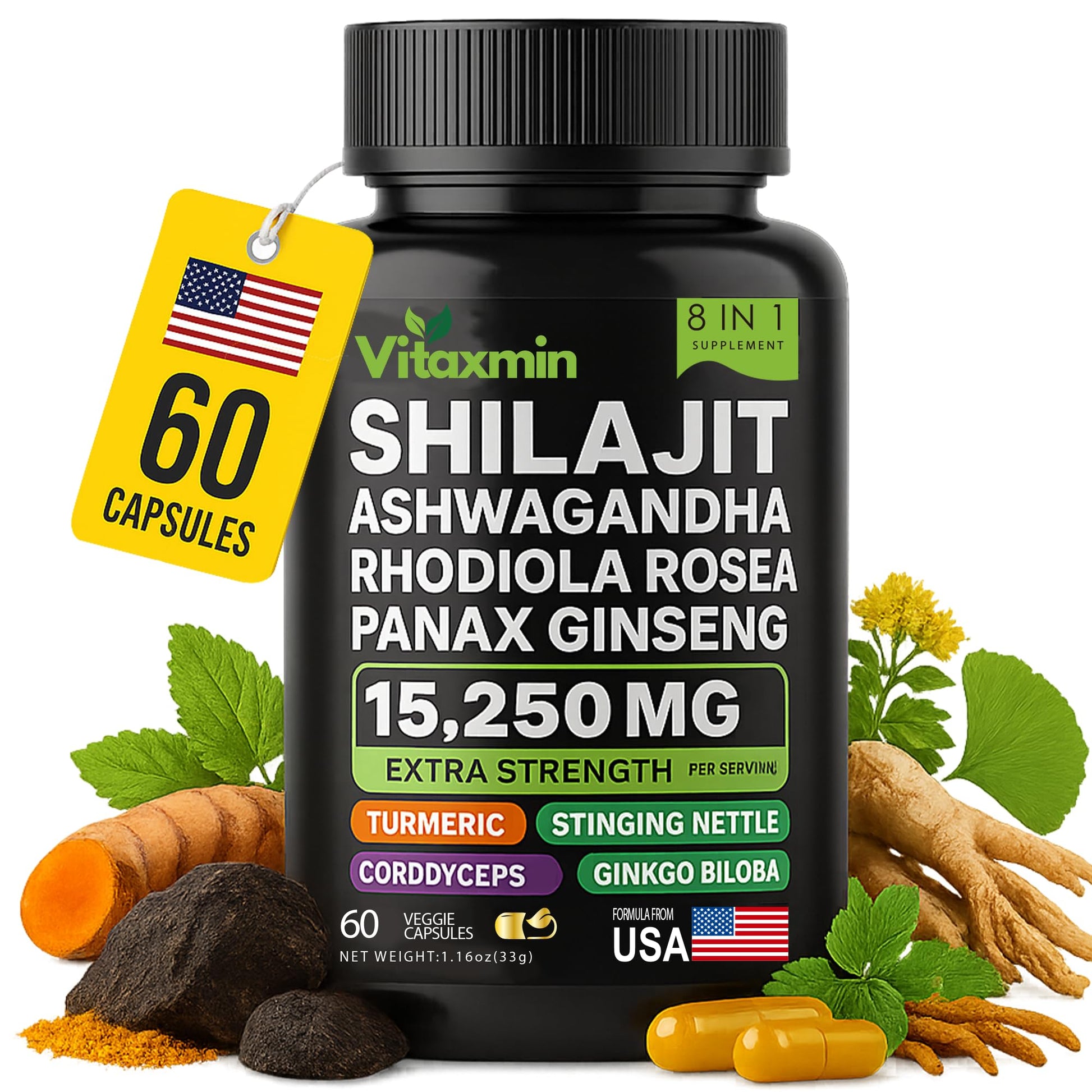 vitaxmin Shilajit and Ashwagandha Capsules, 8-in-1 Herbal Multivitamin for Men and Women, with Rhodiola Rosea, Ginseng, and Stinging Nettle, 60 Capsules