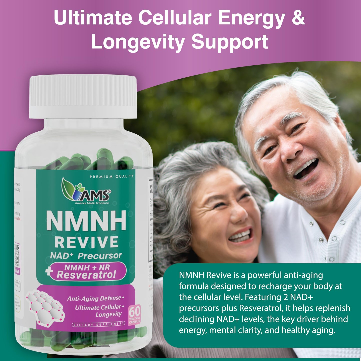 America Medic & Science NMNH Revive Dual NAD+ Precursor Supplement for Longevity, Healthy Aging, Energy, Metabolic Function, Skin & Cellular Health, 60 Capsules
