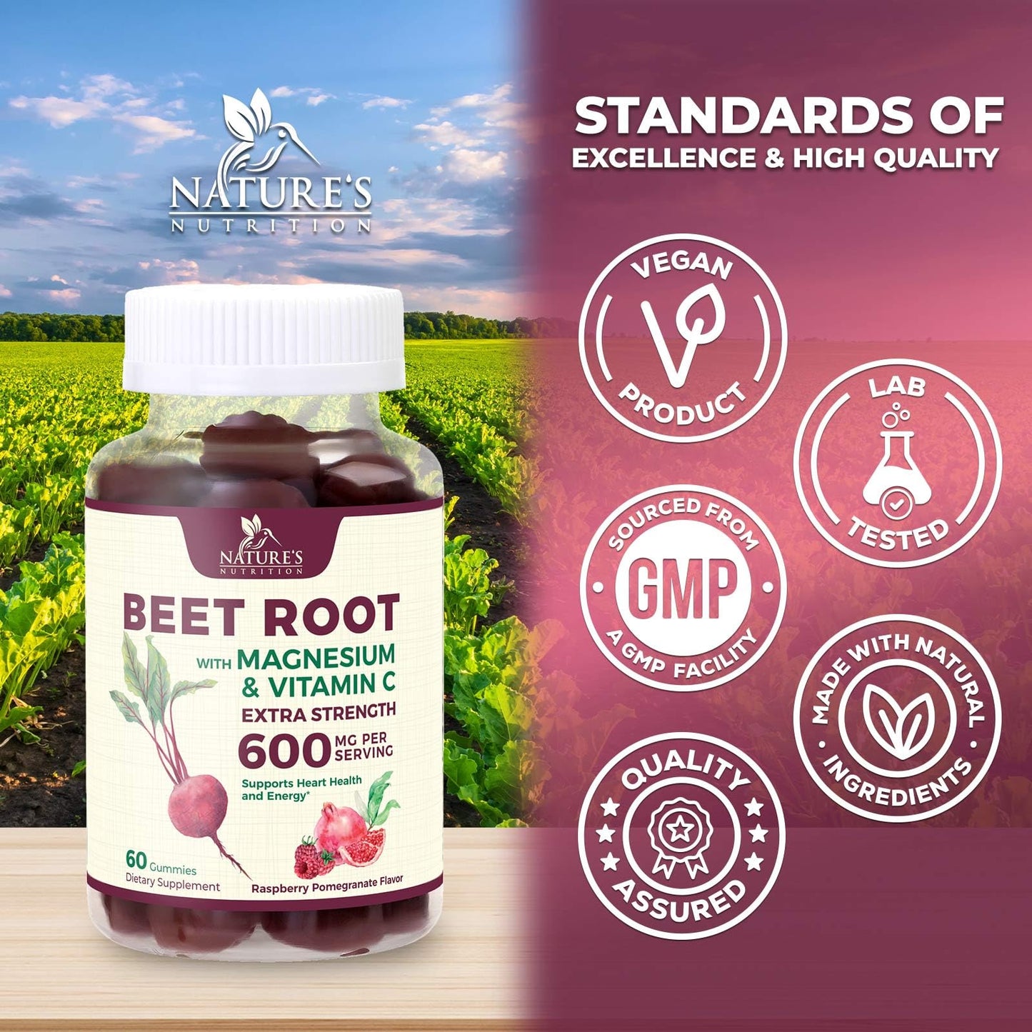 Nature's Nutrition Beet Root Gummies, 60 Count